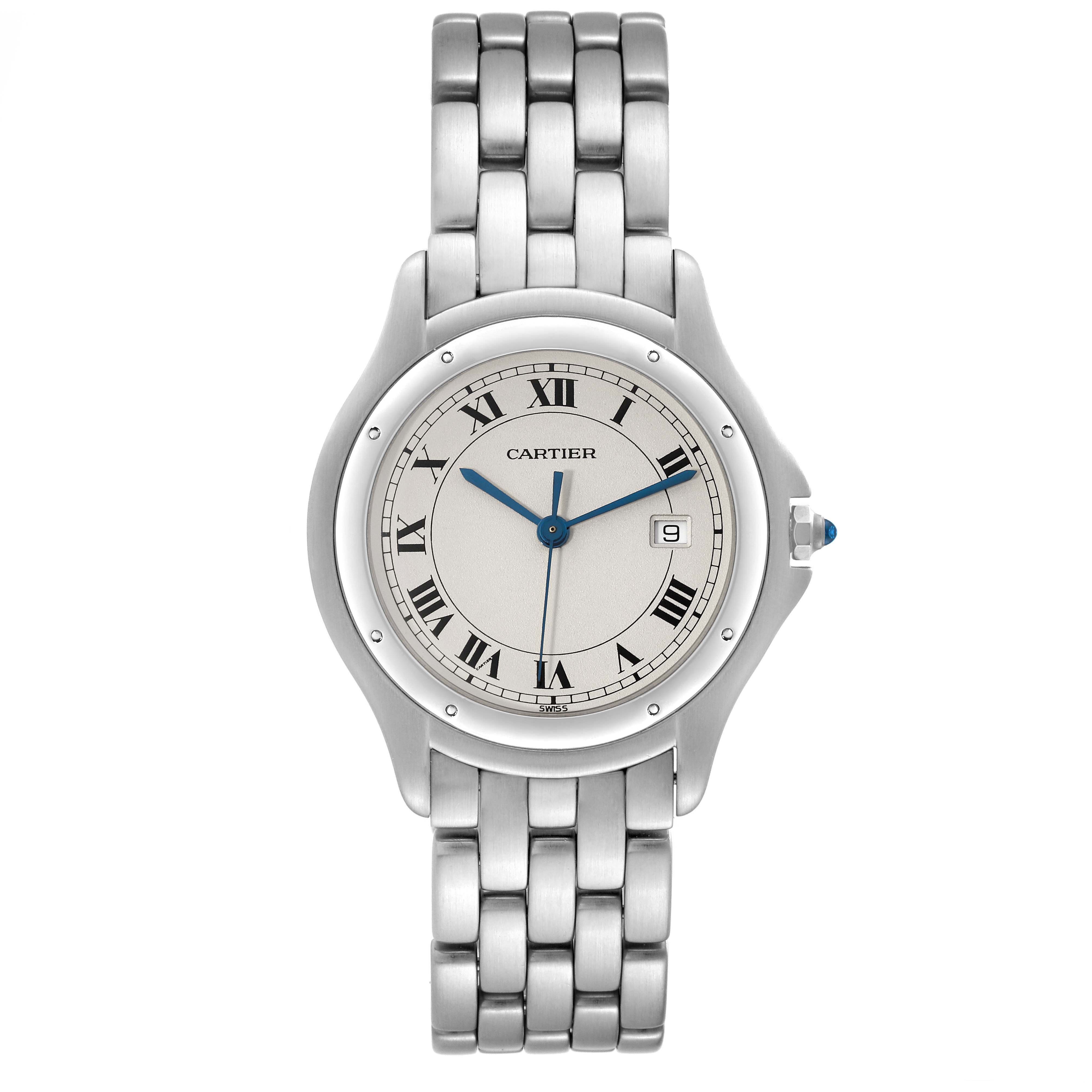 The image shows a front view of the Cartier Panthere 987904 Men's Stainless Steel Silver Dial 987904 Men's Stainless Steel Silver Dial model watch, highlighting its face, bezel, and metal bracelet.