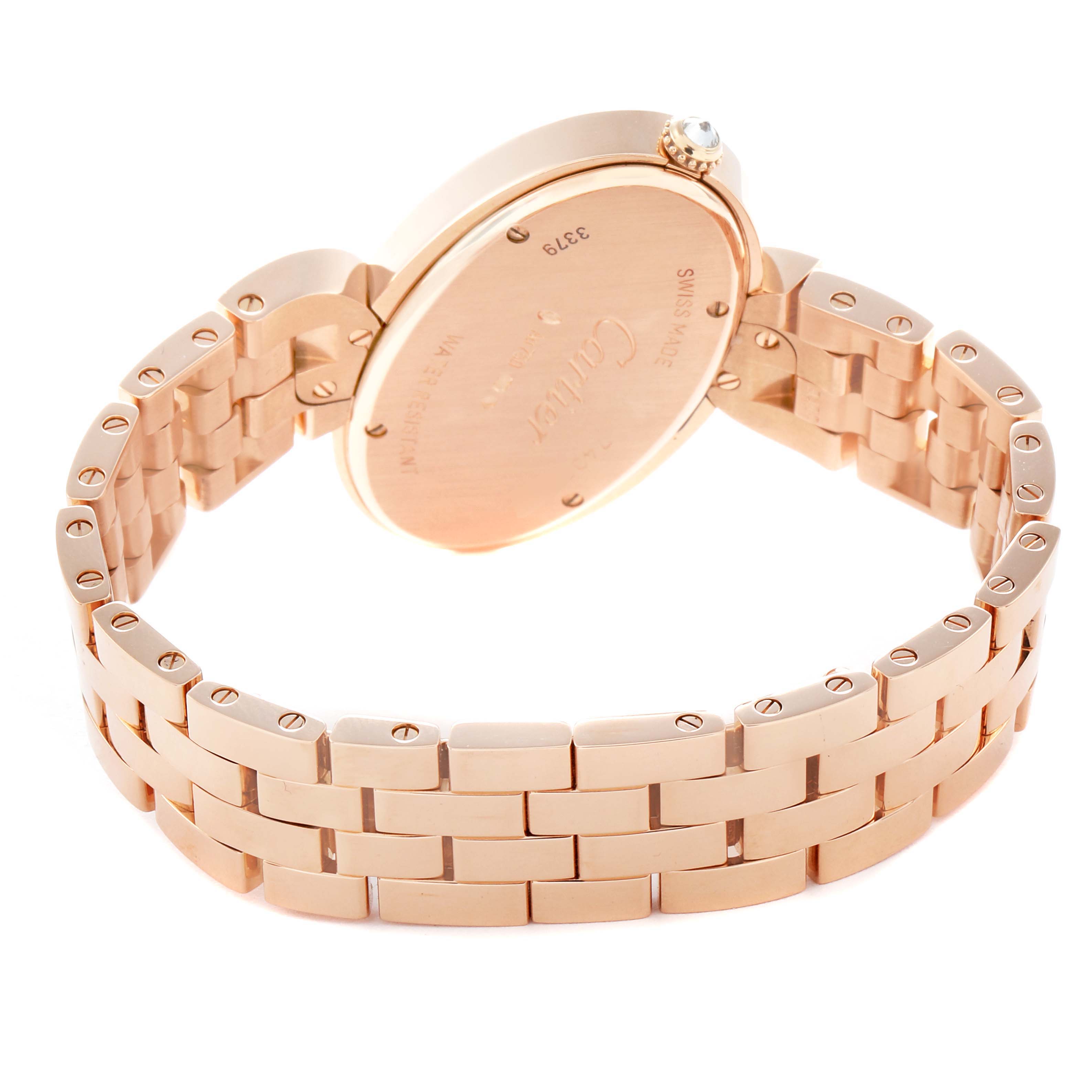 The Cartier Delices WG800006 Women
s Rose Gold Silver Dial WG800006 Women
s Rose Gold Silver Dial watch is shown from a rear angle, highlighting the back of the case and the bracelet.