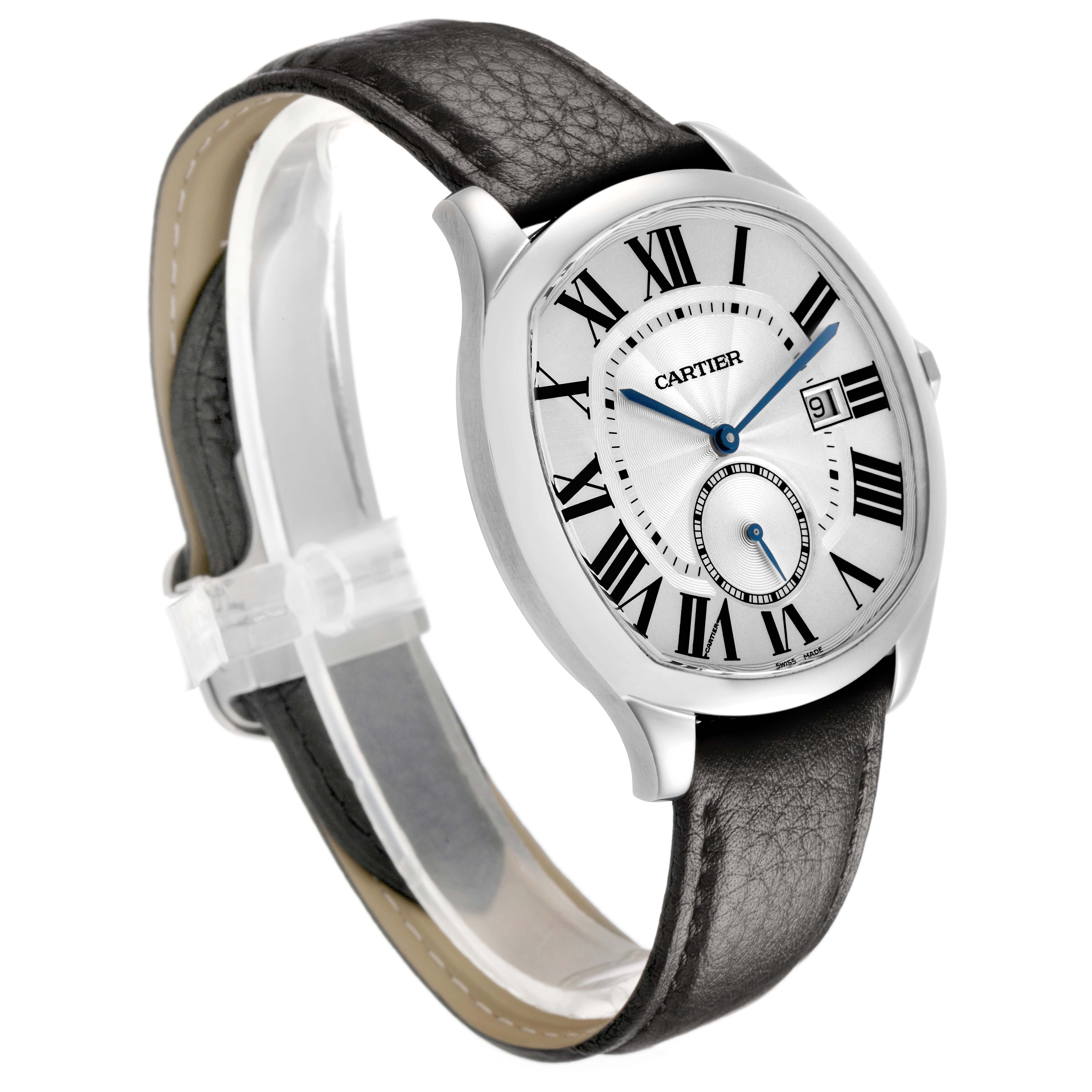 The image shows a Drive de Cartier watch by Cartier at a three-quarter angle, highlighting the face, strap, and dial.
