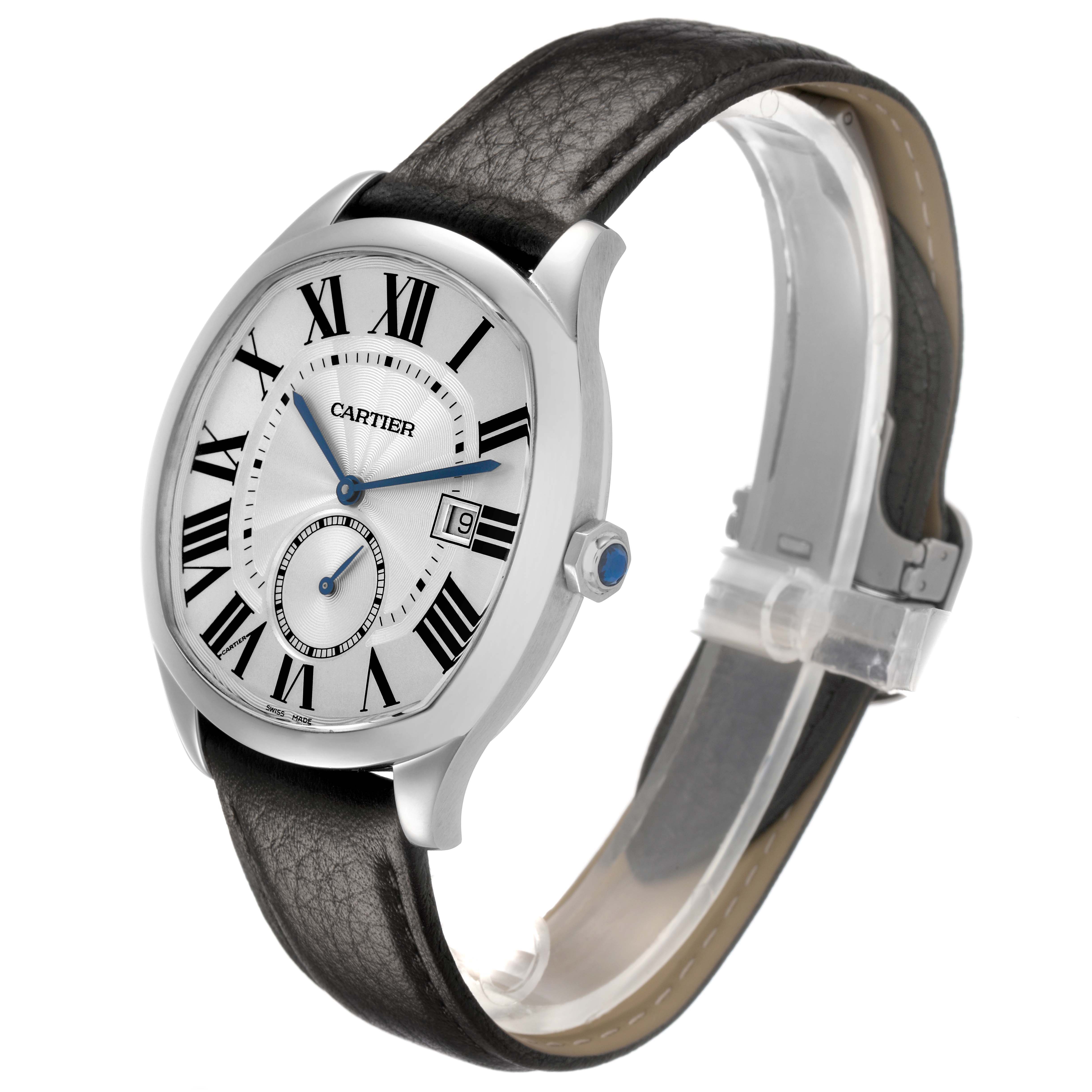 The Drive de Cartier watch is shown at a three-quarter angle, highlighting the dial, crown, and leather strap.