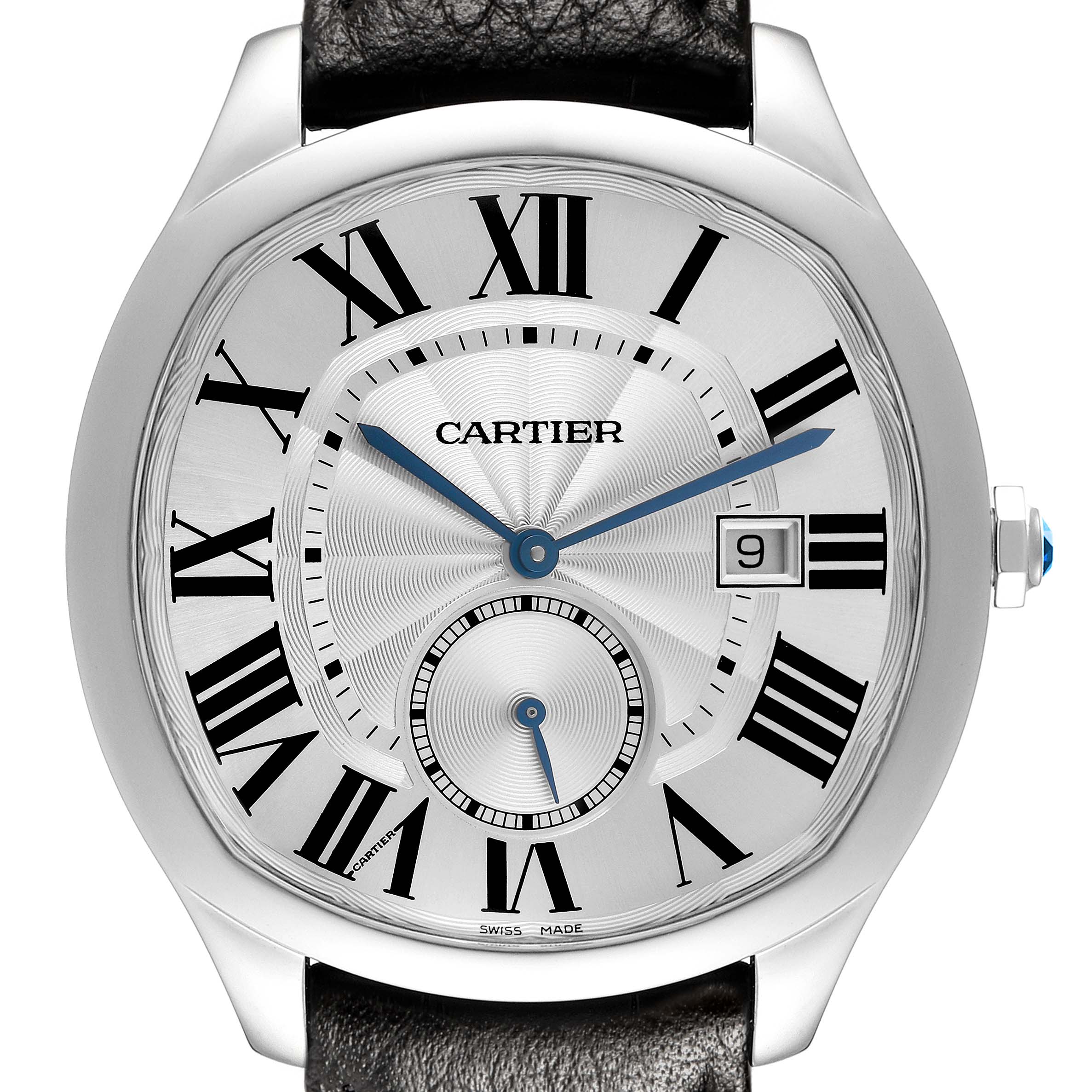 The Drive de Cartier watch is shown from the front, highlighting the dial, Roman numerals, date window, and blue hands.