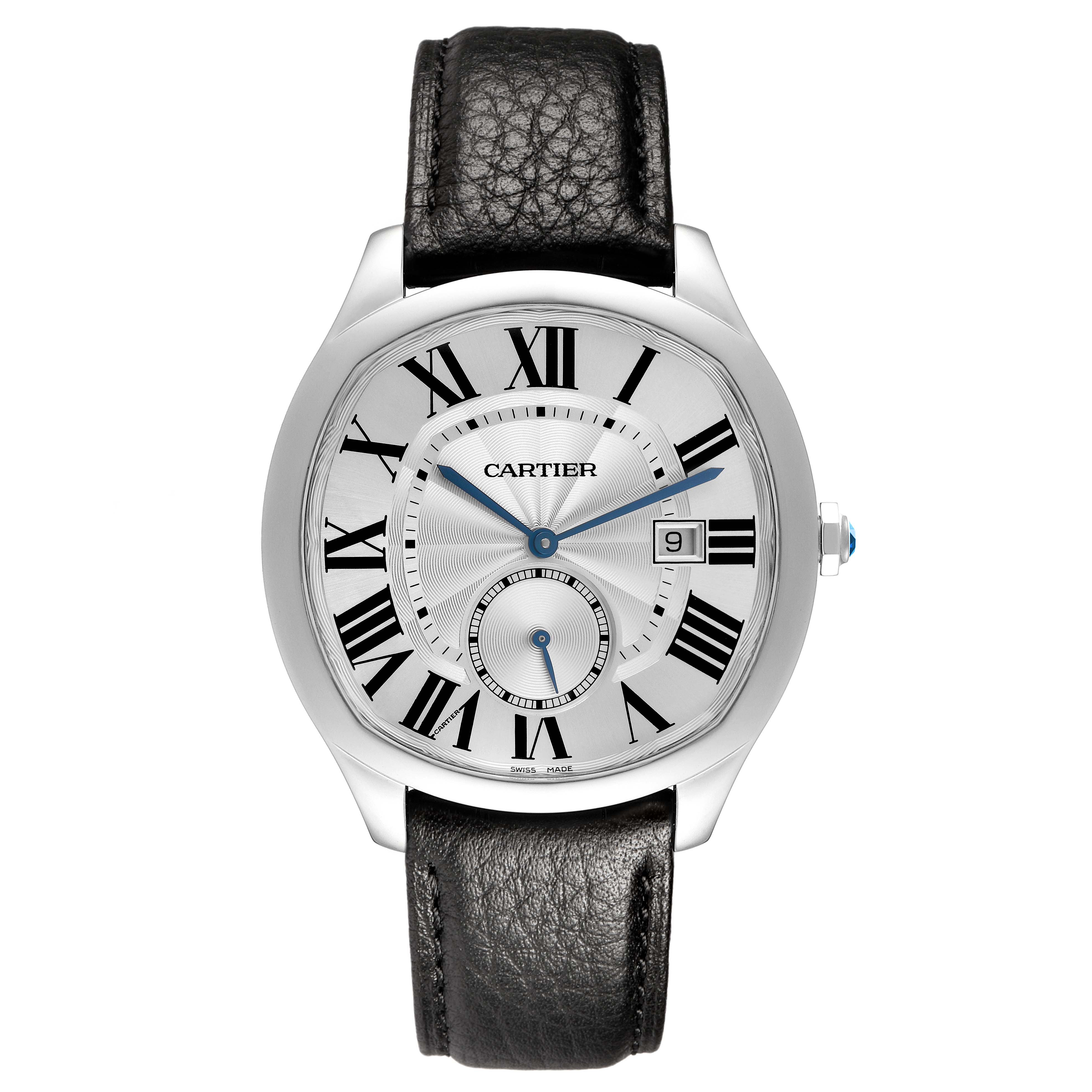 The Drive de Cartier watch is shown from a front angle, displaying its Roman numerals, date window, and leather strap.