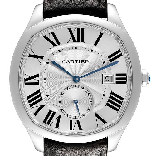 The Drive de Cartier watch is shown from the front, displaying its dial, Roman numerals, and date window.