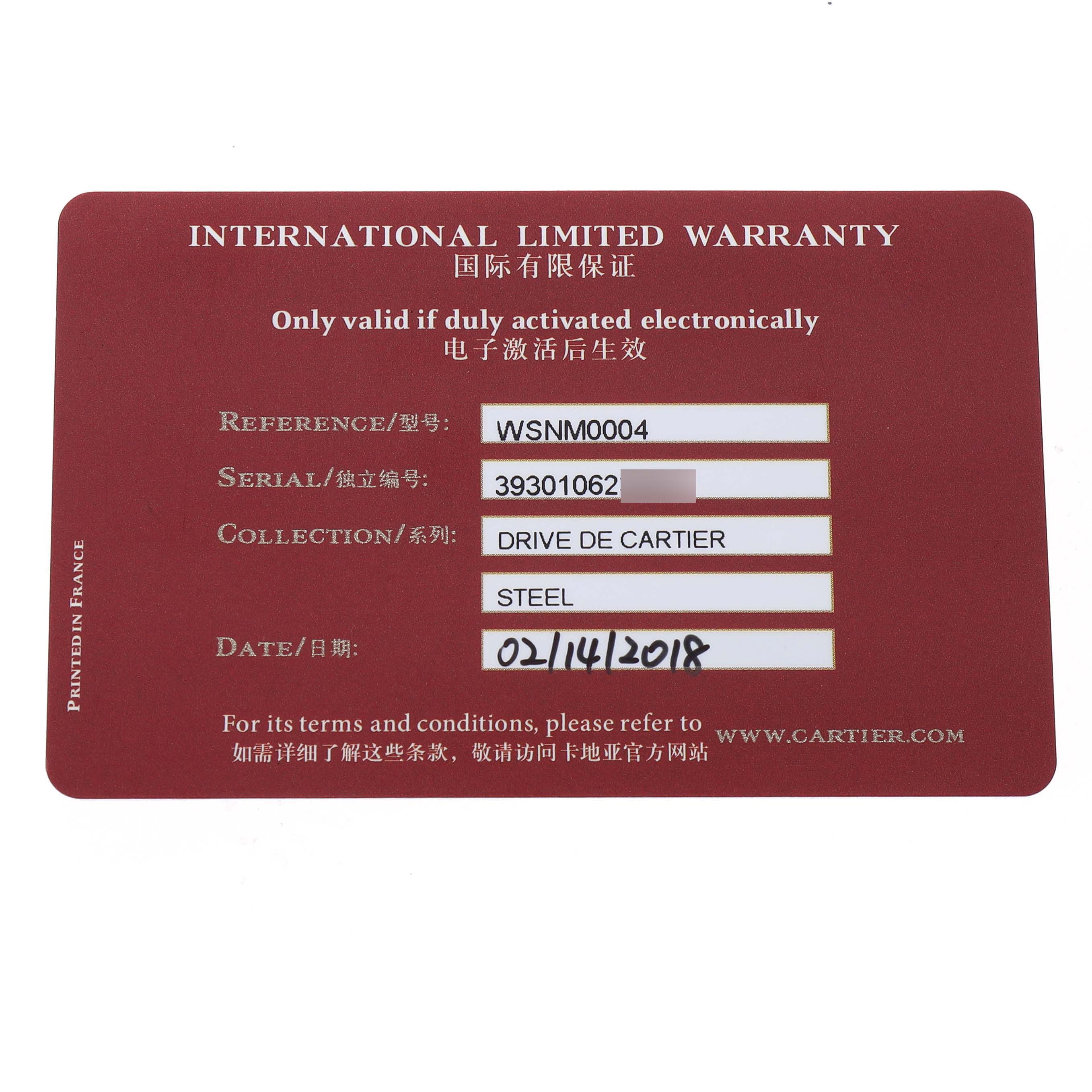 This image shows an International Limited Warranty card for the Drive de Cartier watch by Cartier, highlighting details like the reference and date.