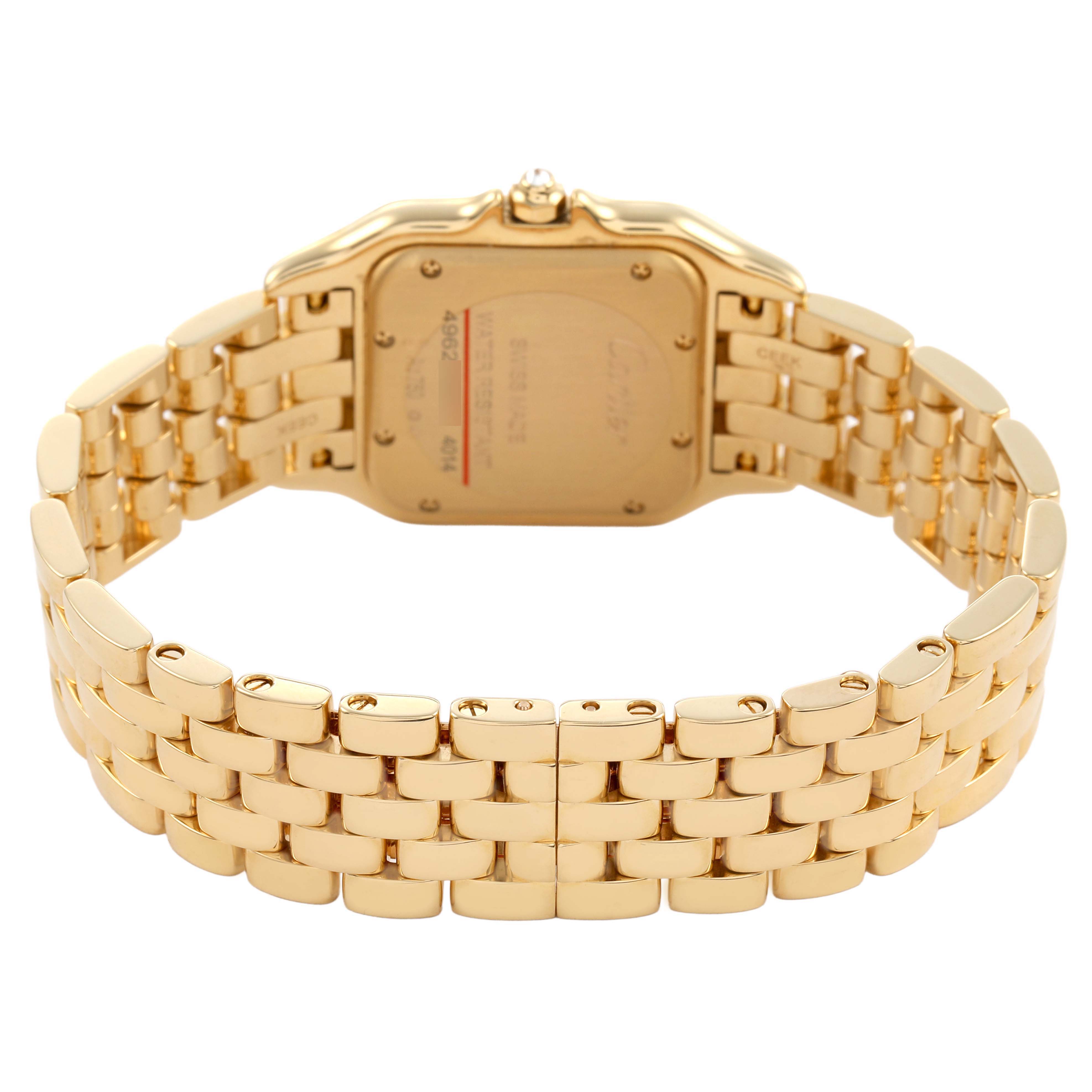 The Cartier Panthere WJPN0066 Women's Yellow Gold Silver Dial watch is shown from the back, highlighting its gold bracelet and case back.