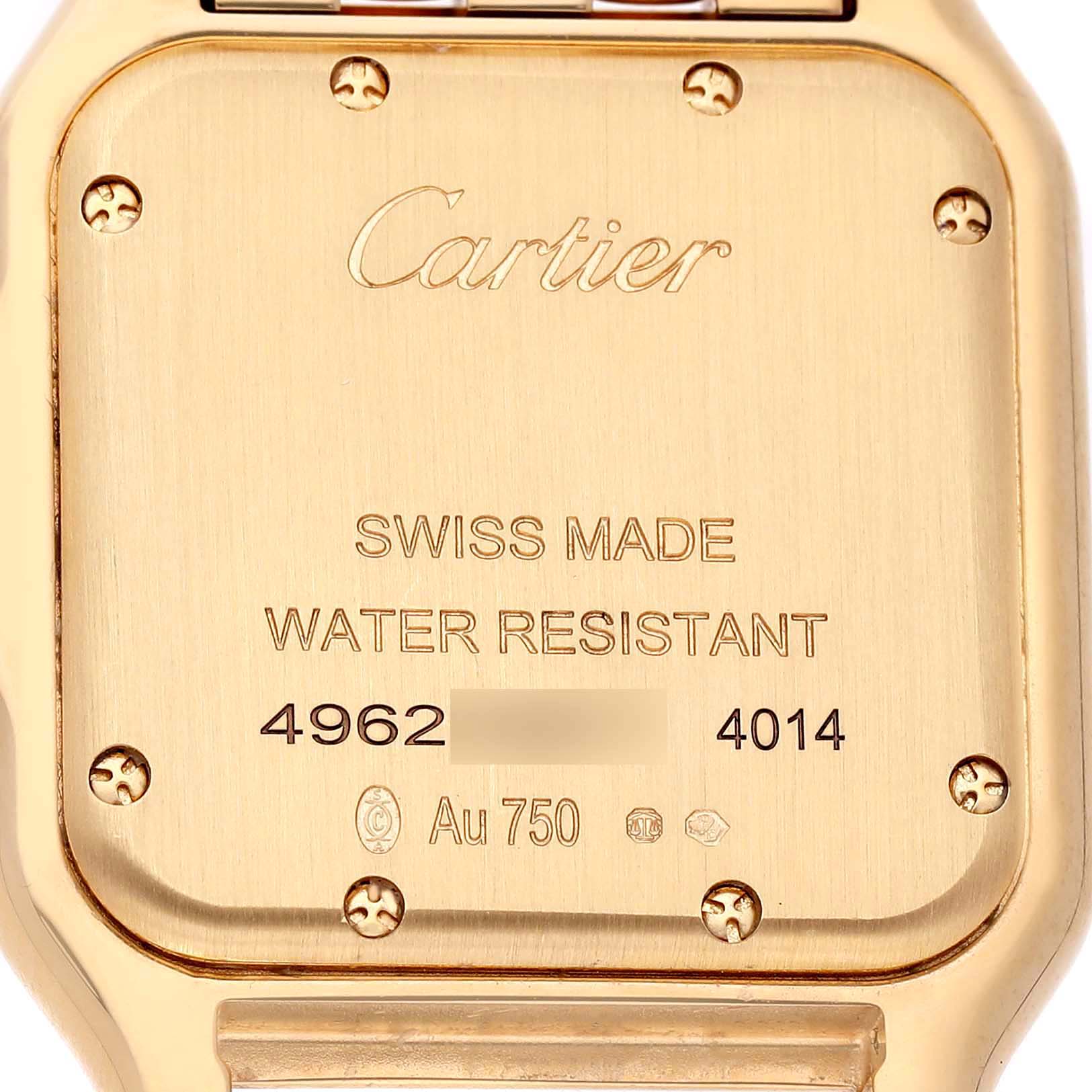 The image shows the back of a Cartier Panthere WJPN0066 Women's Yellow Gold Silver Dial watch, highlighting the brand, model details, and water resistance.