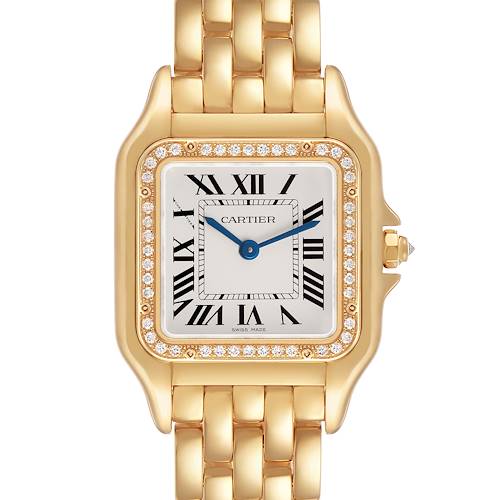 The Cartier Panthère watch is shown from the front, displaying its face, bezel, and bracelet.