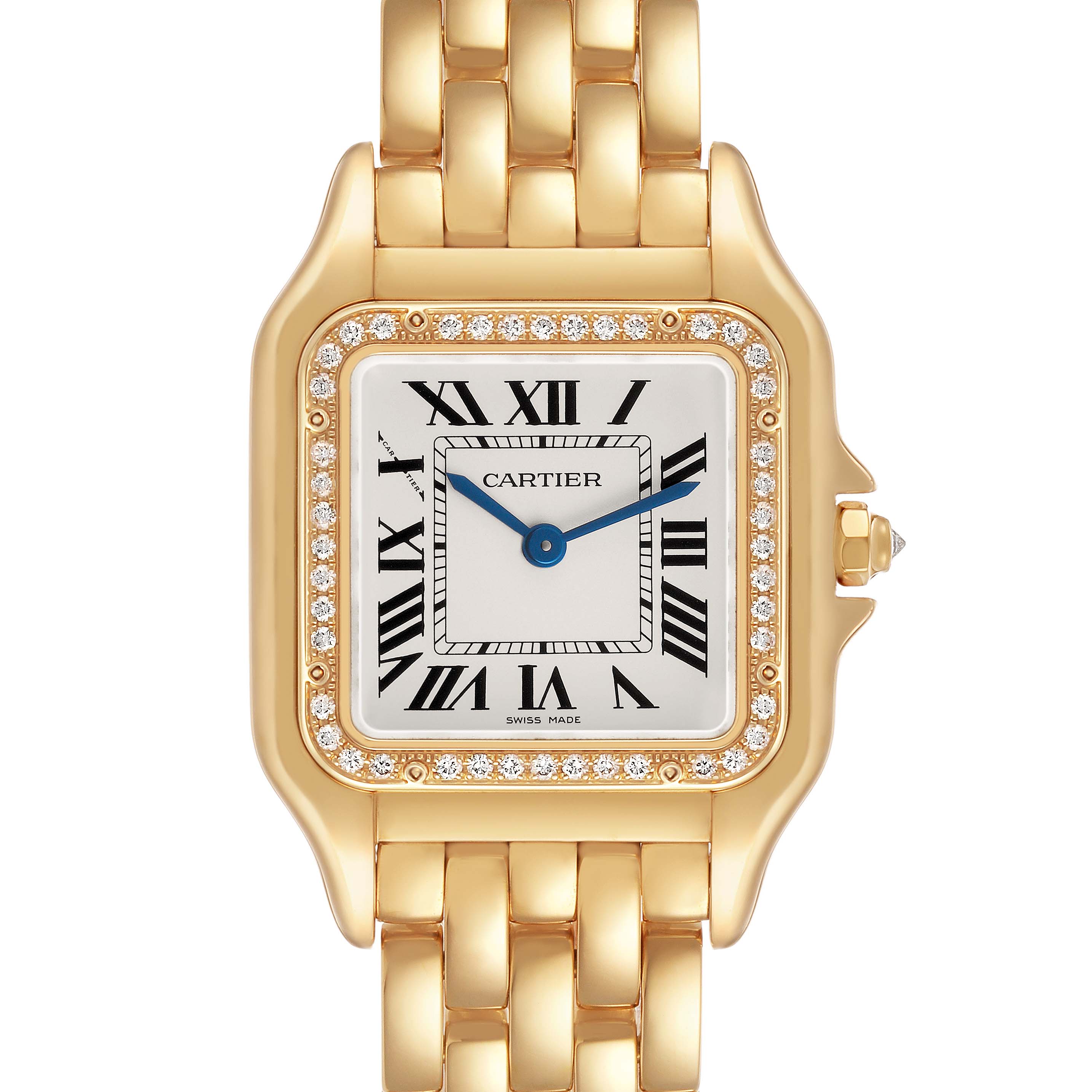 The Cartier Panthère watch is shown from the front, highlighting its square face, Roman numerals, and gold bracelet.