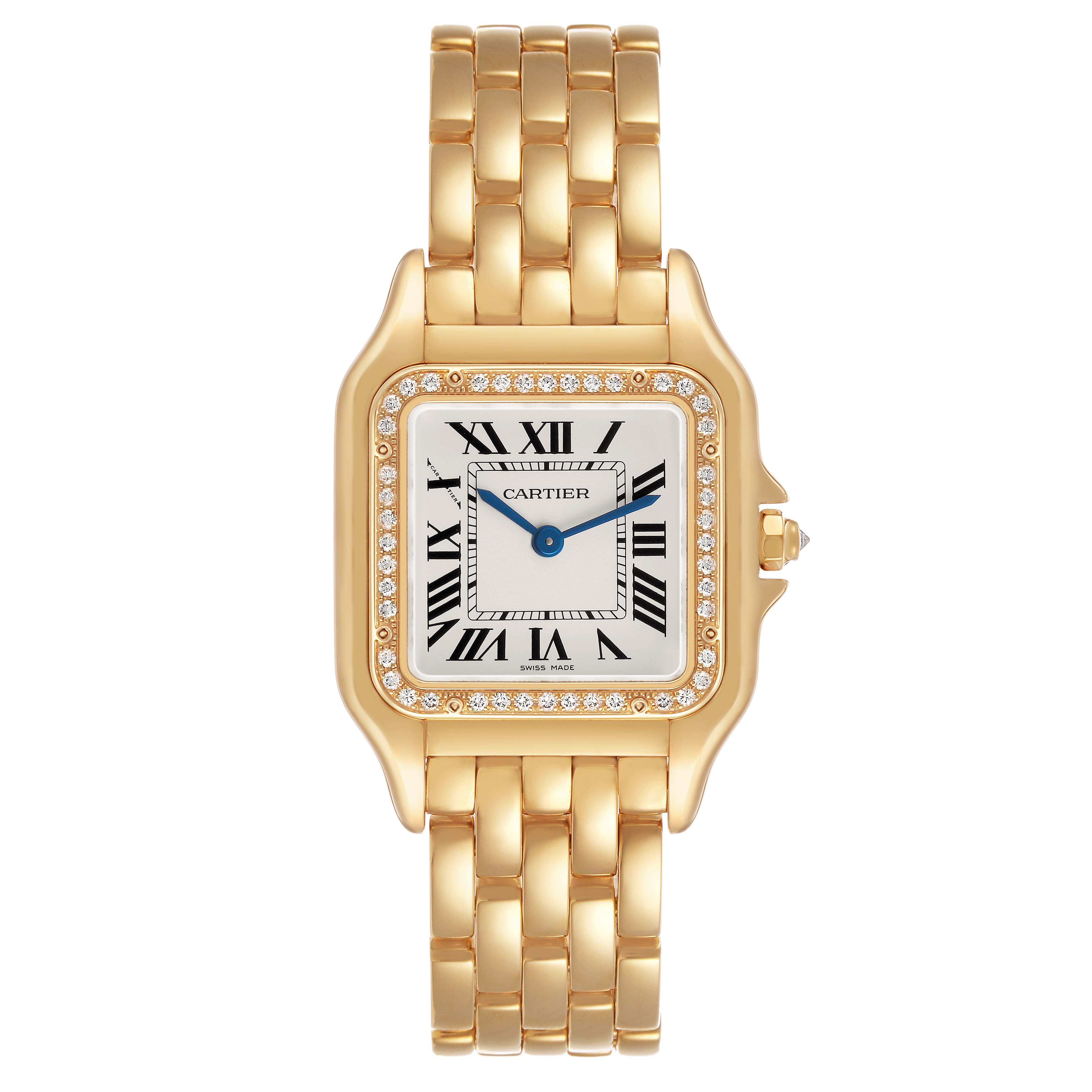 The Cartier Panthere WJPN0066 Women's Yellow Gold Silver Dial watch is shown from the front, displaying the dial, bezel with diamonds, case, and gold bracelet.
