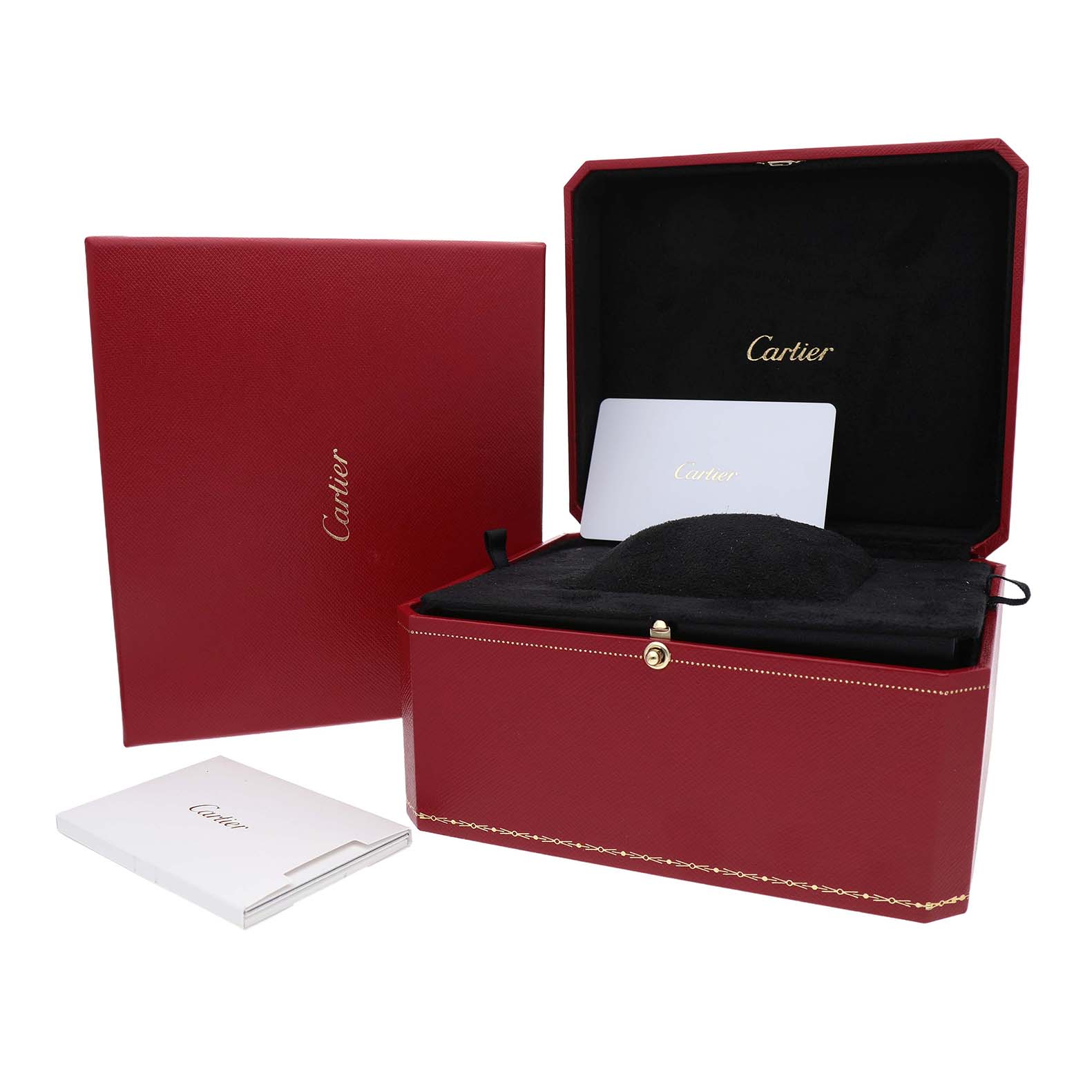The image shows an open red Cartier box for the Panthere model, along with documentation and packaging.