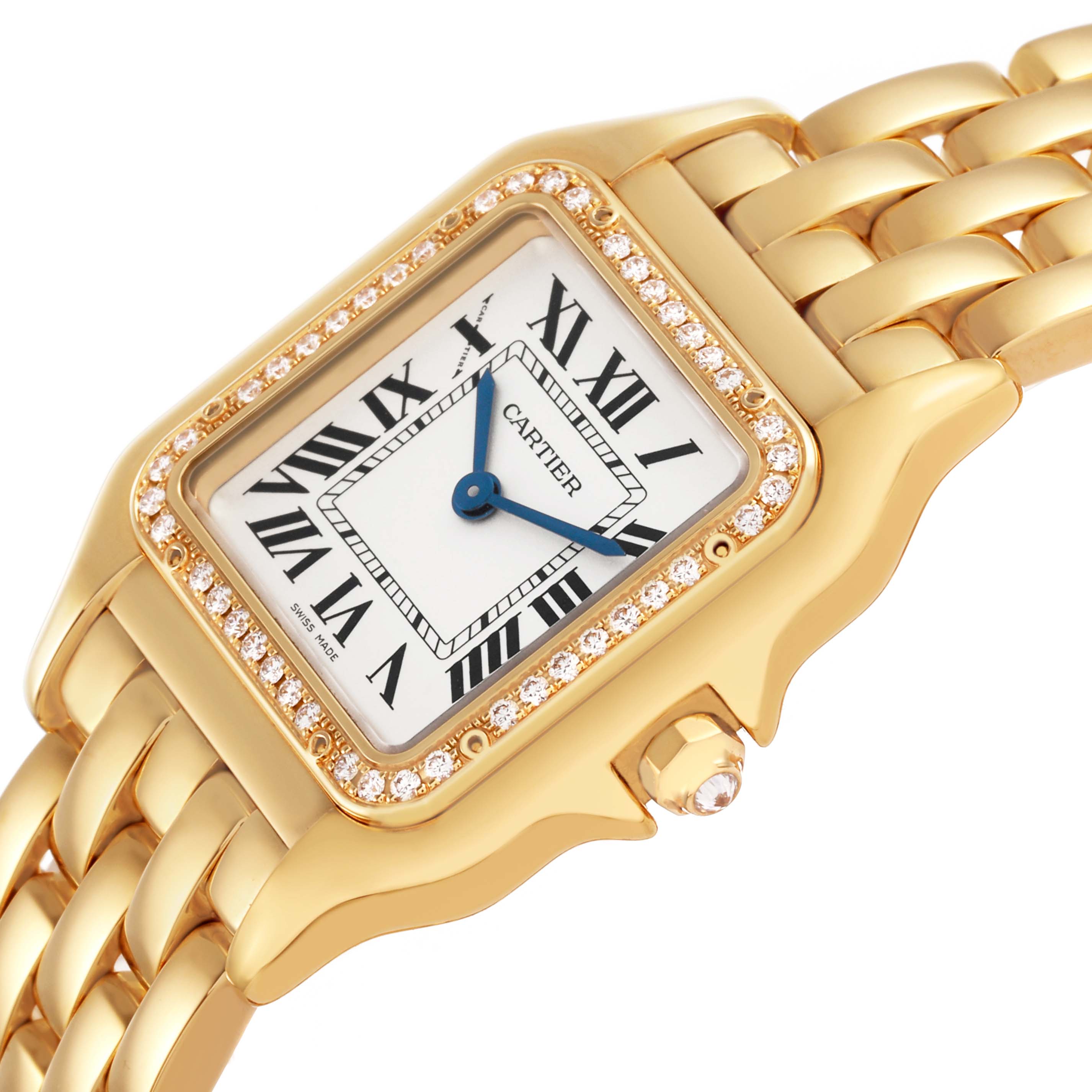 The image shows a Cartier Panthere WJPN0066 Women's Yellow Gold Silver Dial watch from a side angle, highlighting its gold bracelet, diamond bezel, and Roman numeral dial.