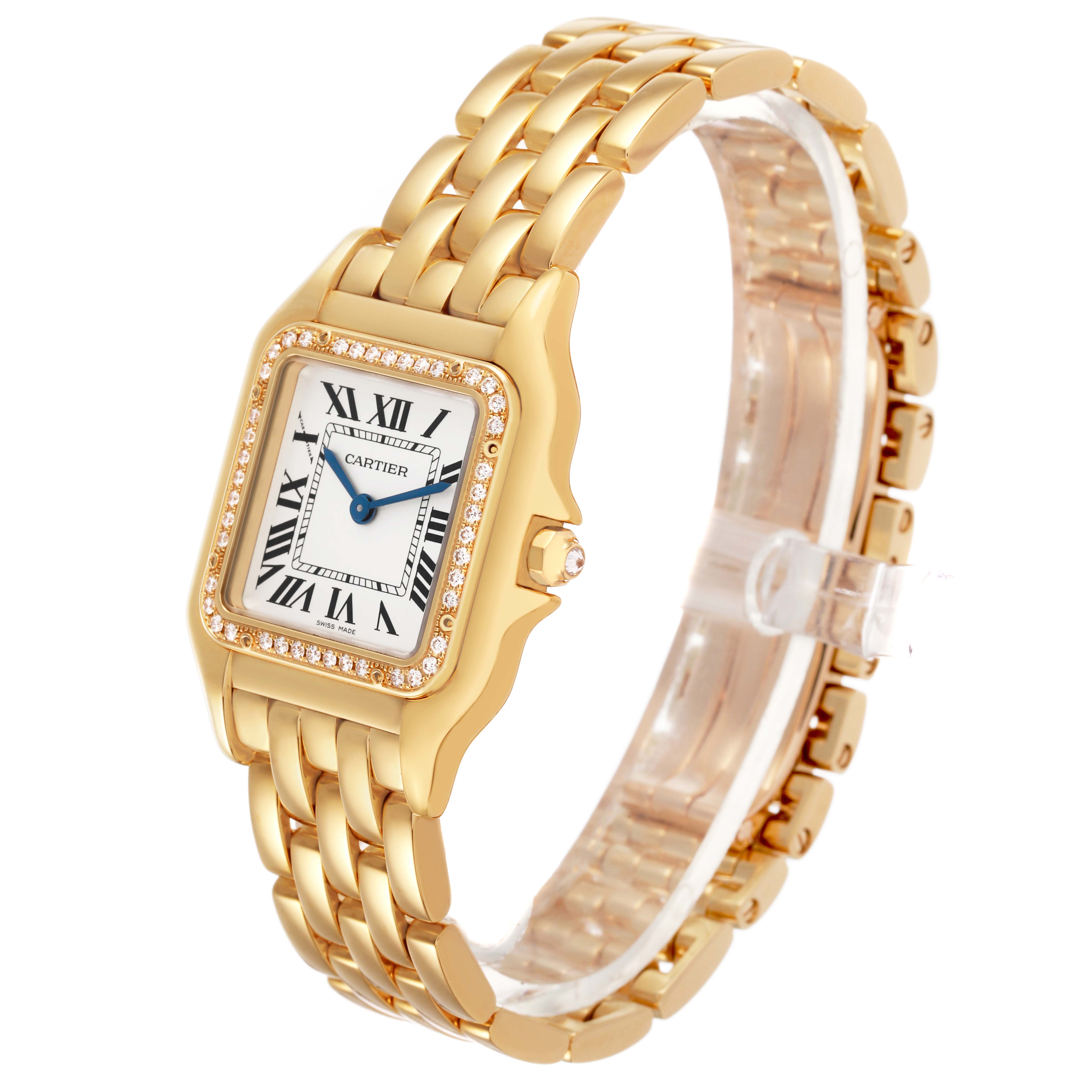 The Cartier Panthere WJPN0066 Women's Yellow Gold Silver Dial watch is shown at a three-quarter angle, highlighting the bracelet, bezel, and dial with Roman numerals.