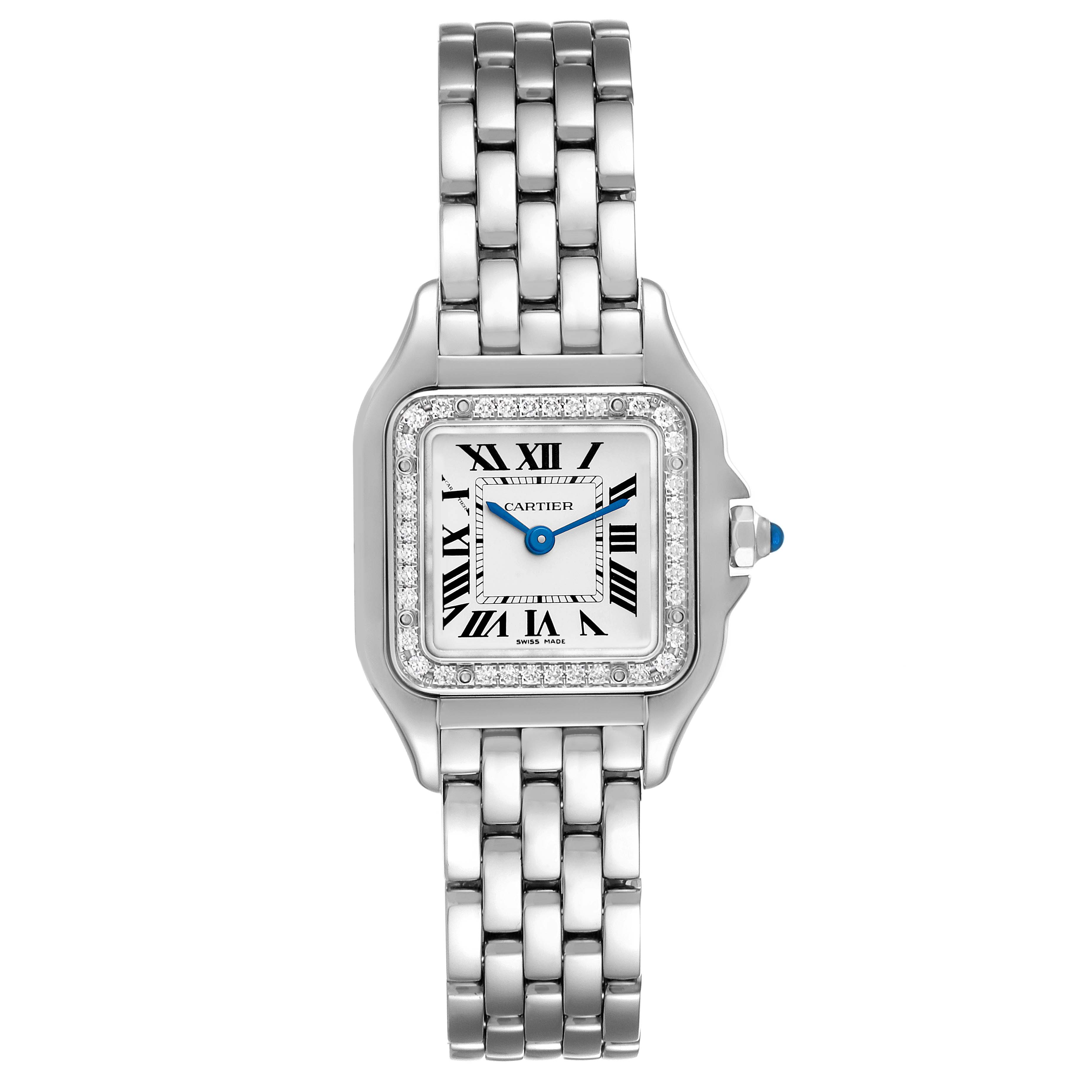 This image shows a frontal view of the Cartier Panthere W4PN0007 Women
s Stainless Steel Silver Dial W4PN0007 Women
s Stainless Steel Silver Dial watch, highlighting its face, bezel, and bracelet.