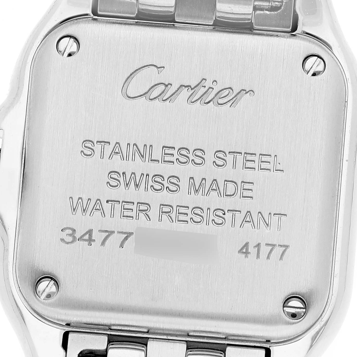 This image shows the back case of the Panthere model by Cartier, highlighting the brand, material, and serial number.