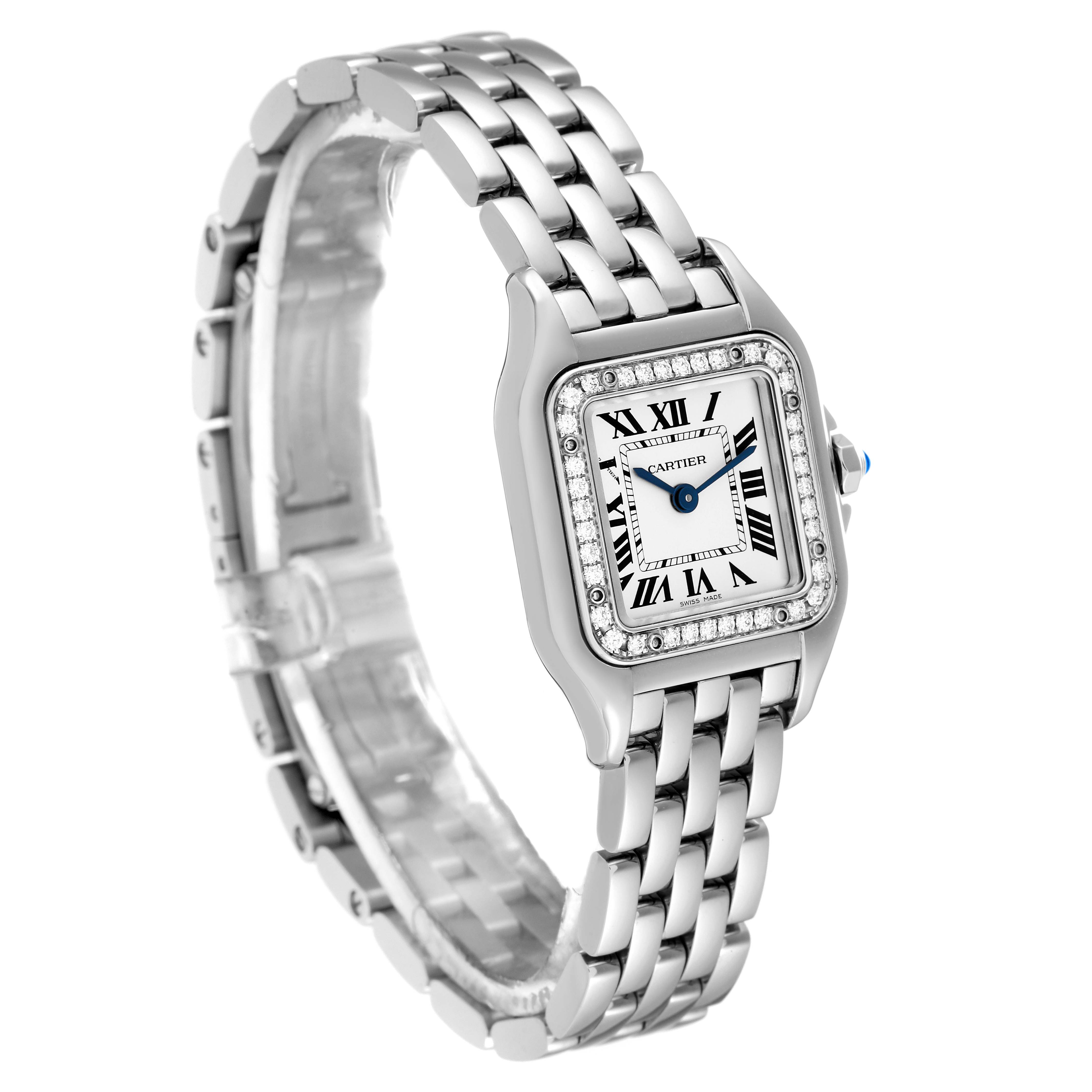 This image shows a Cartier Panthere W4PN0007 Women
s Stainless Steel Silver Dial W4PN0007 Women
s Stainless Steel Silver Dial model watch at a three-quarter angle, highlighting the bracelet, bezel, and dial.
