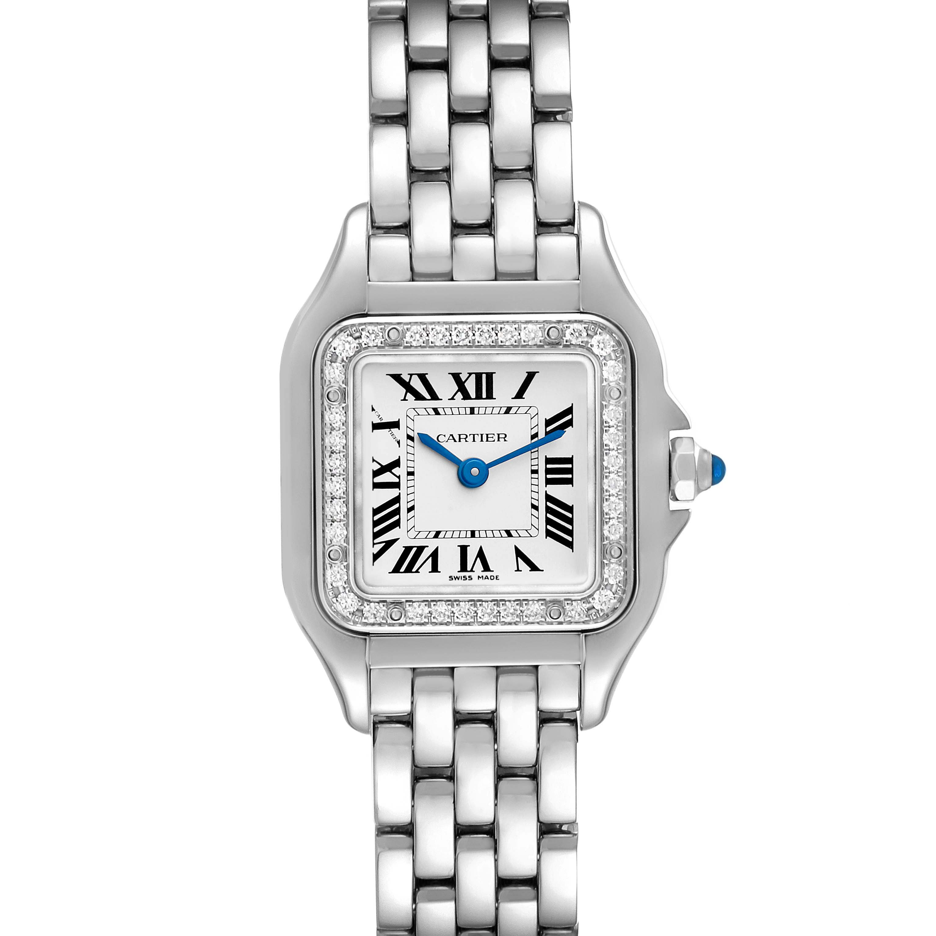 The image shows a front view of the Cartier Panthere W4PN0007 Women
s Stainless Steel Silver Dial W4PN0007 Women
s Stainless Steel Silver Dial watch, featuring the watch face, bezel, and part of the bracelet.