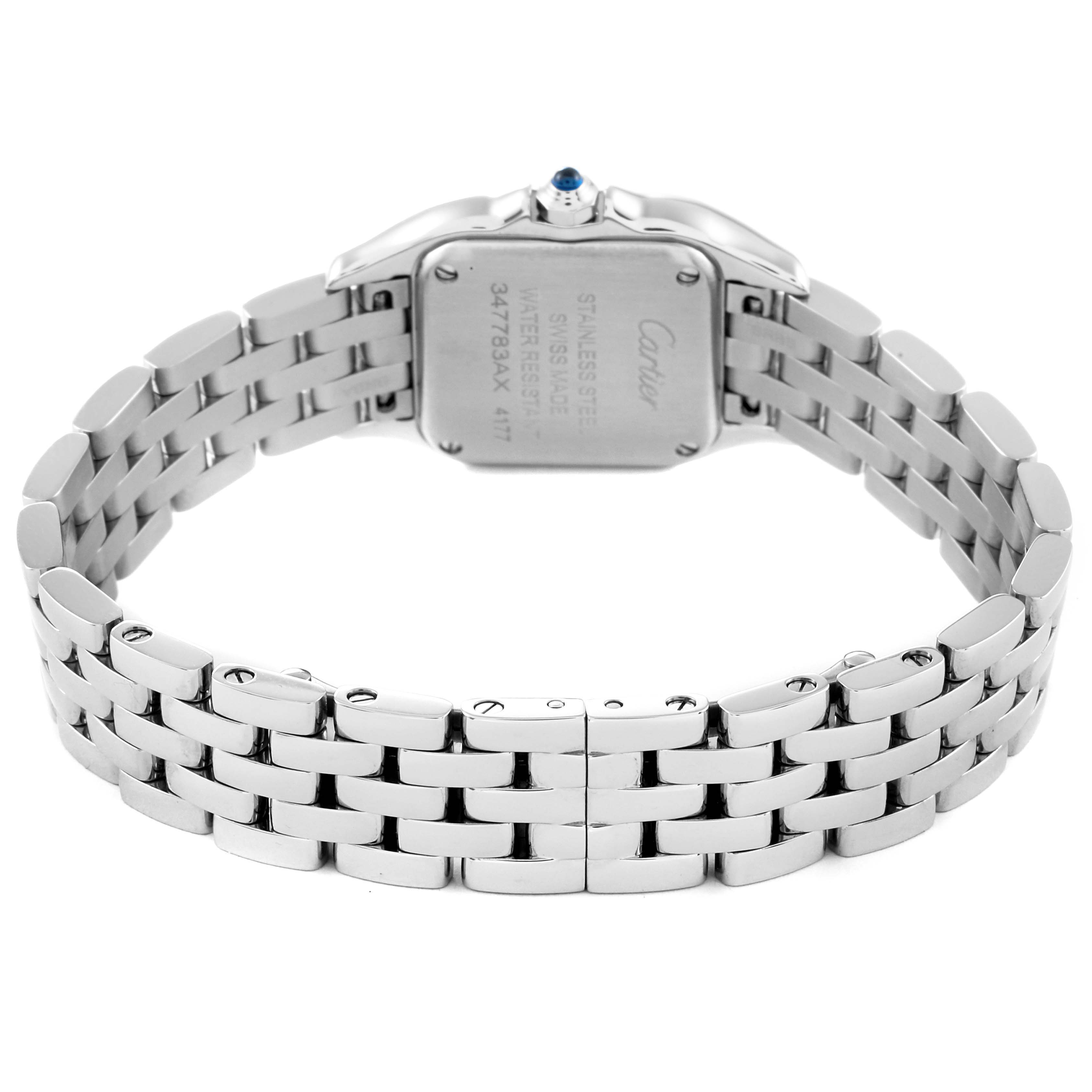 The image shows the back view of a Cartier Panthere W4PN0007 Women
s Stainless Steel Silver Dial W4PN0007 Women
s Stainless Steel Silver Dial watch, highlighting its case back, crown, and stainless steel bracelet.