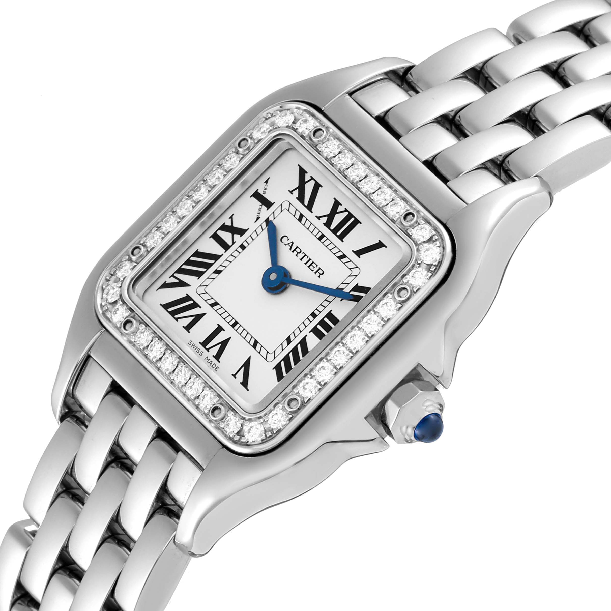 The Cartier Panthere W4PN0007 Women
s Stainless Steel Silver Dial W4PN0007 Women
s Stainless Steel Silver Dial watch is shown at an angled view, highlighting its face, Roman numerals, diamond bezel, and metal bracelet.