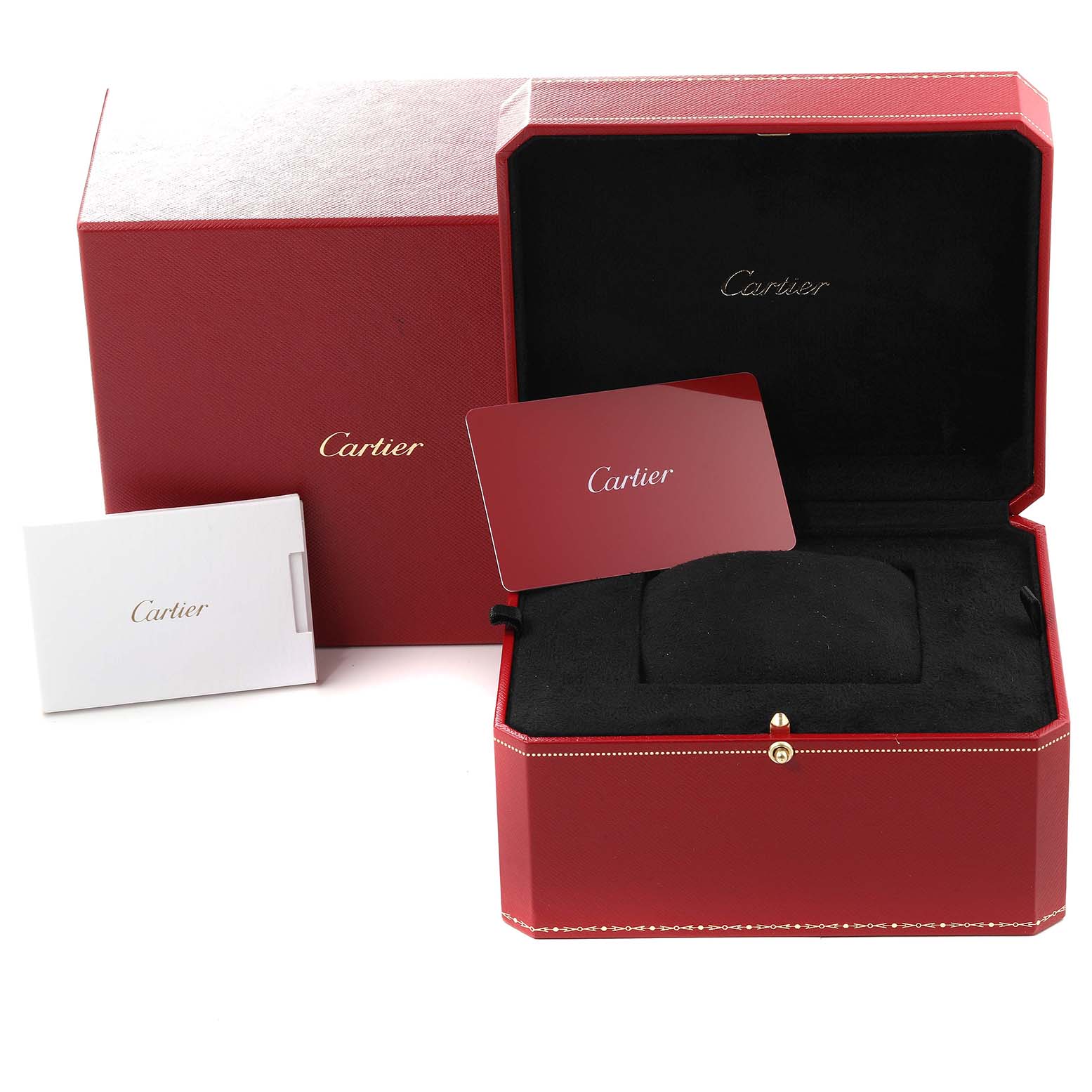 The image shows the packaging, box, and certificate for the Cartier Panthère watch model.