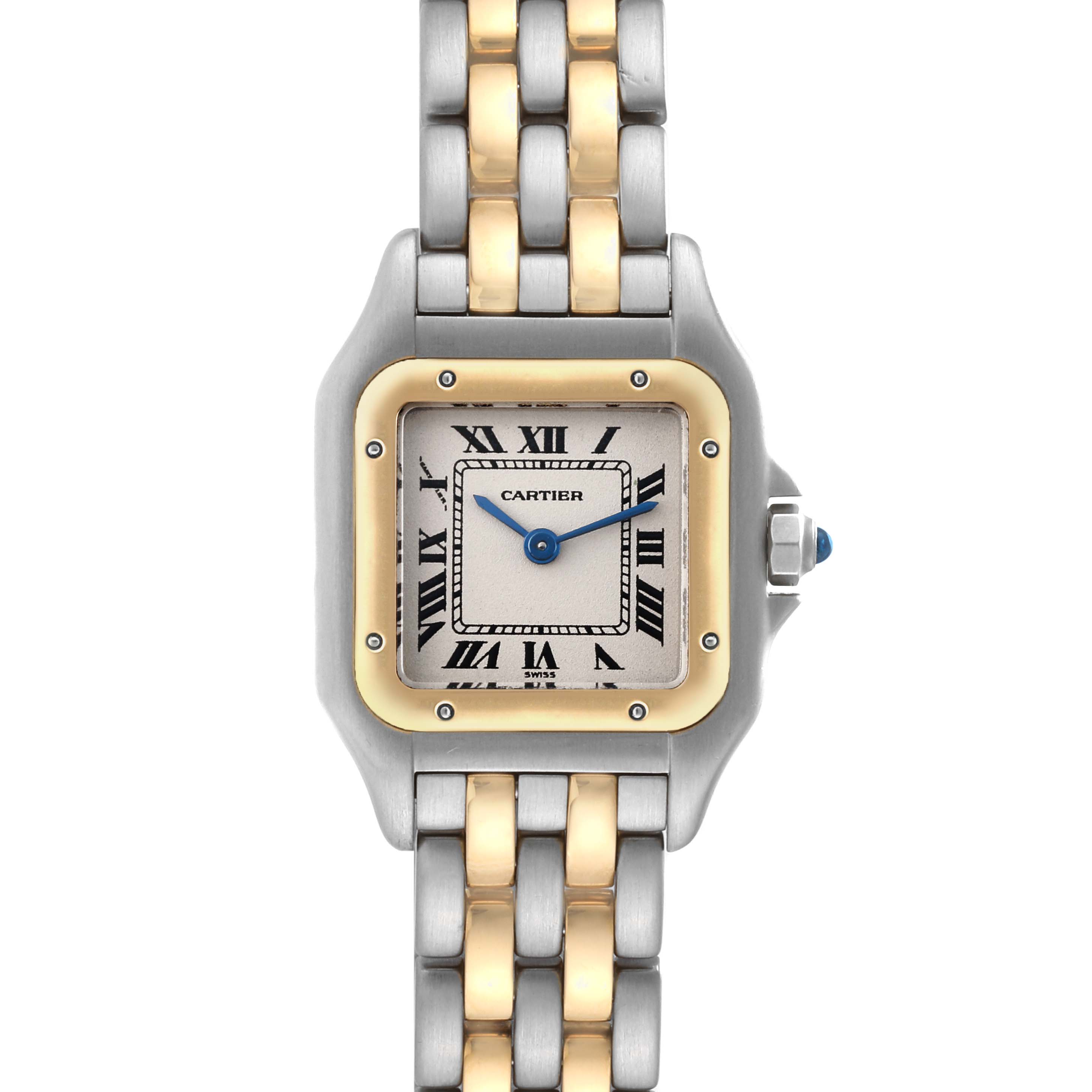 The image shows a front view of a Cartier Panthere W25029B6 Women's Steel and Gold (two tone) White Dial W25029B6 Women's Steel and Gold (two tone) White Dial watch, highlighting its face and part of the two-tone bracelet.