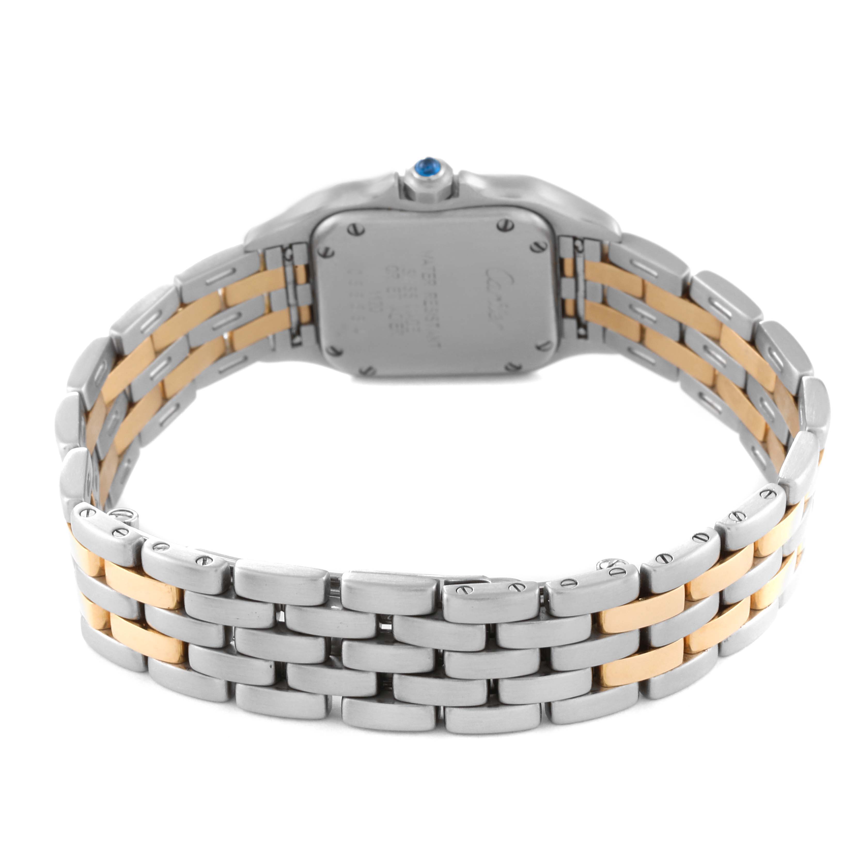 The image shows the backside of a Cartier Panthere W25029B6 Women's Steel and Gold (two tone) White Dial W25029B6 Women's Steel and Gold (two tone) White Dial watch, focusing on its two-tone metal bracelet and case back.
