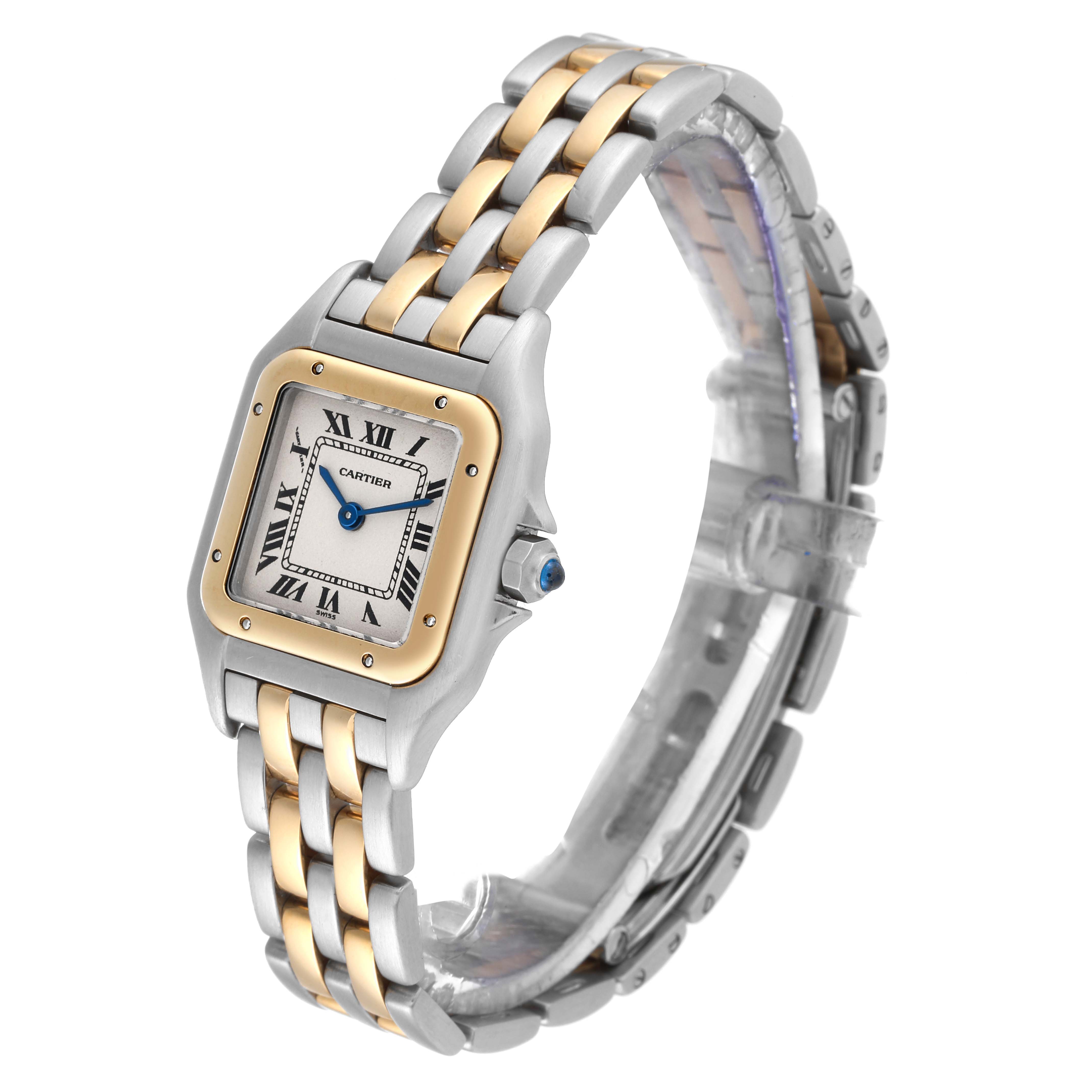 The image shows the Panthere model by Cartier at a side angle, highlighting its bracelet and square face.