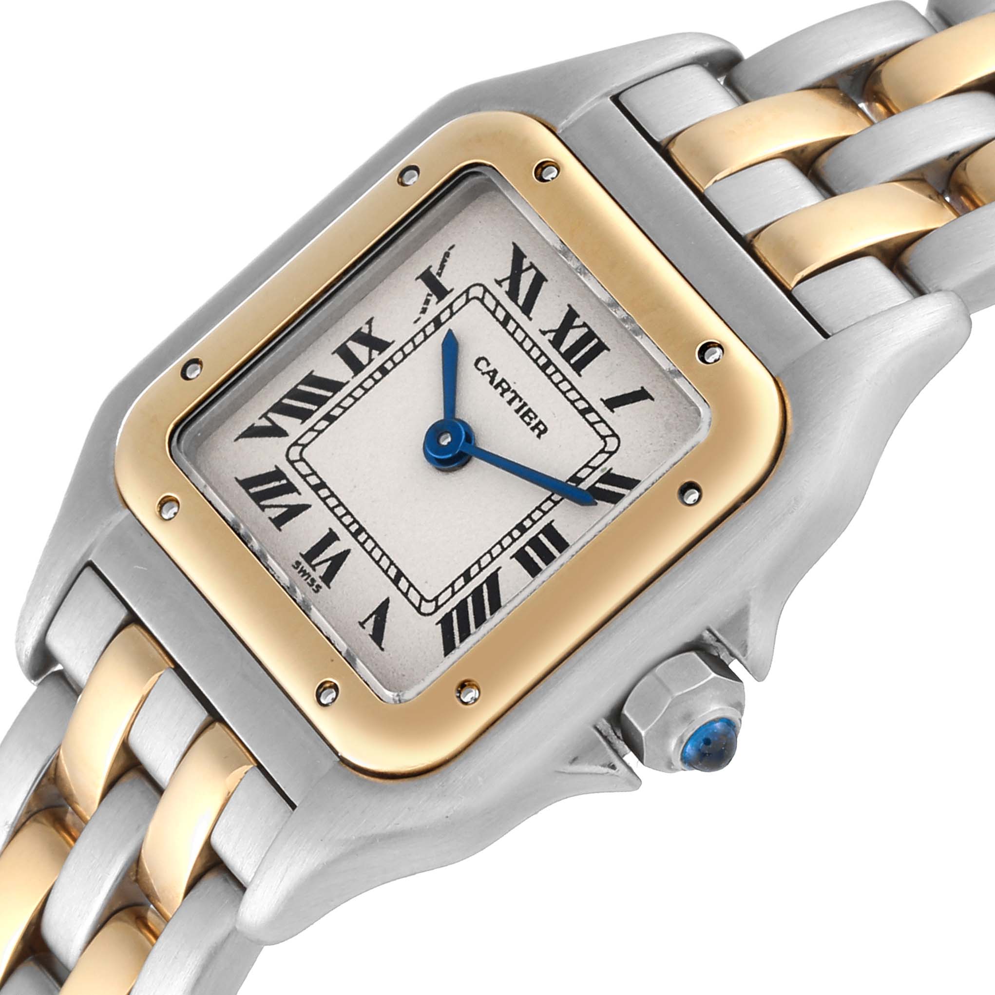 The Cartier Panthere W25029B6 Women's Steel and Gold (two tone) White Dial W25029B6 Women's Steel and Gold (two tone) White Dial watch is shown at an angle, highlighting its face, bezel, and two-tone metal bracelet.