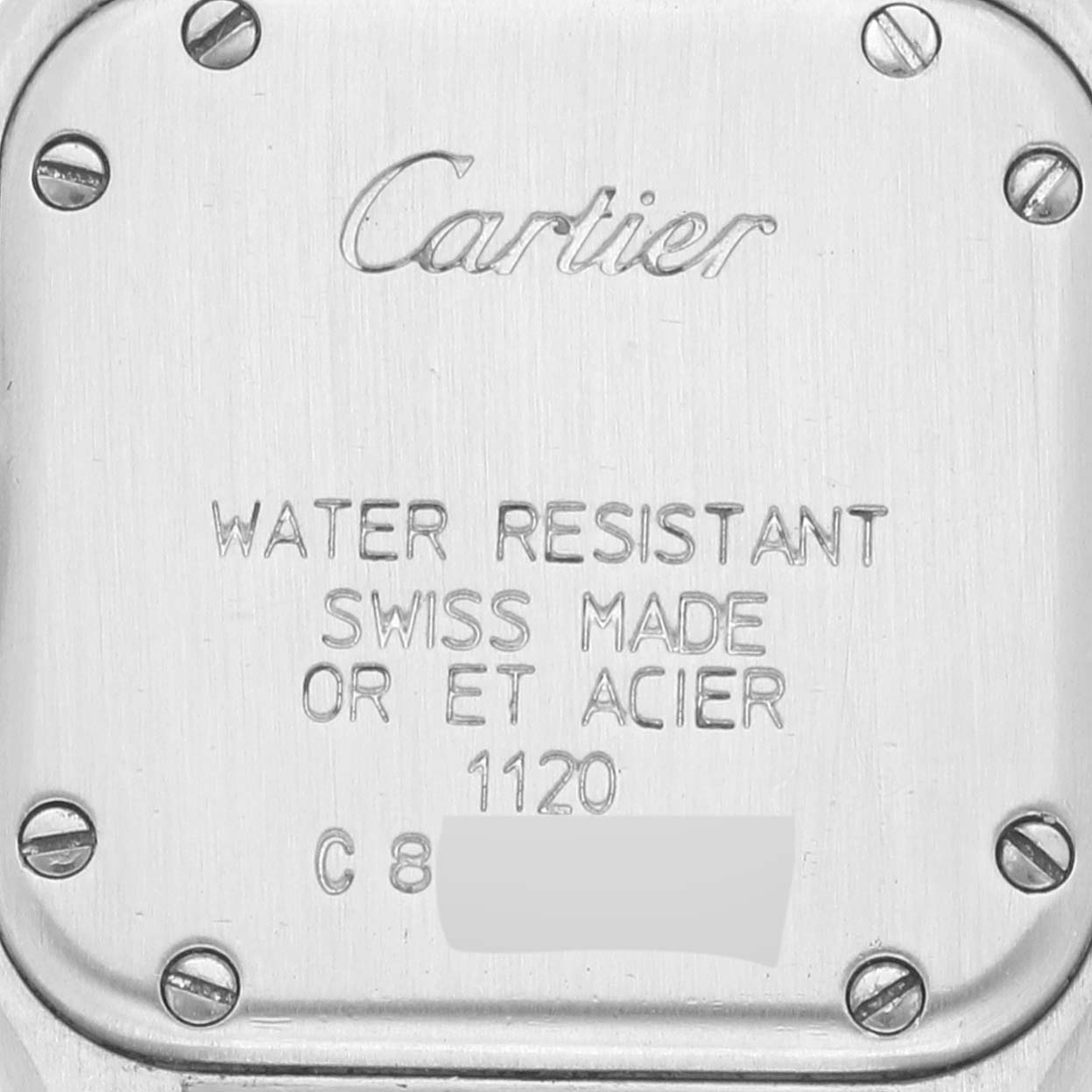 This image shows the back case of the Cartier Panthere W25029B6 Women's Steel and Gold (two tone) White Dial W25029B6 Women's Steel and Gold (two tone) White Dial watch viewed from the back, highlighting the brand engraving and specifications.