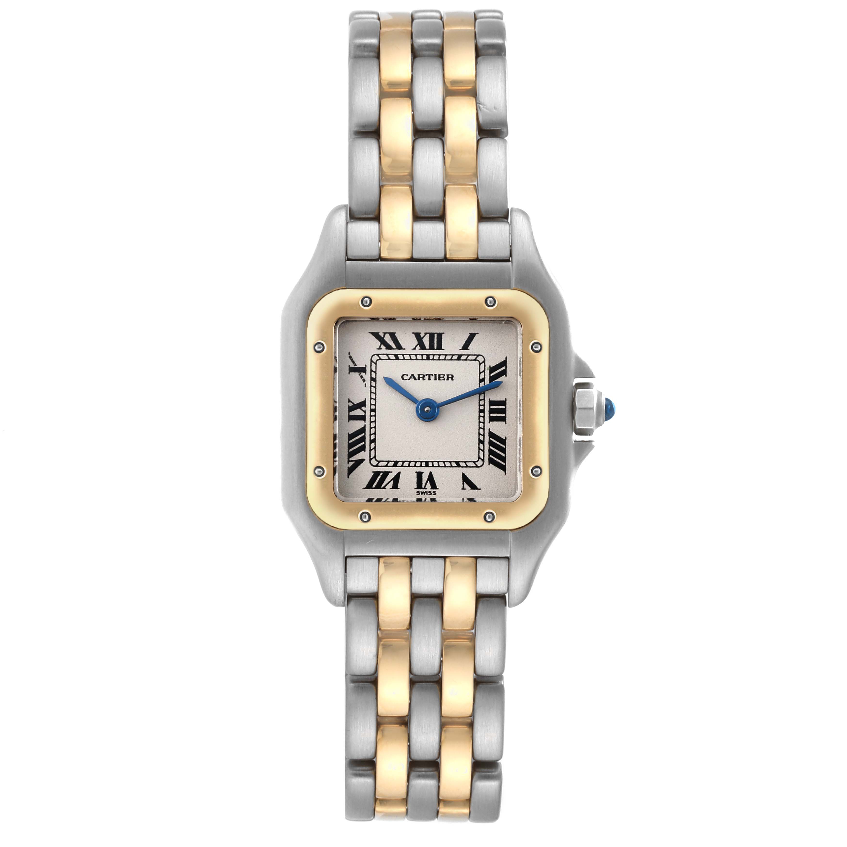 This image shows a Cartier Panthere W25029B6 Women's Steel and Gold (two tone) White Dial W25029B6 Women's Steel and Gold (two tone) White Dial watch from a top-down angle, featuring the face, bezel, crown, and bracelet.