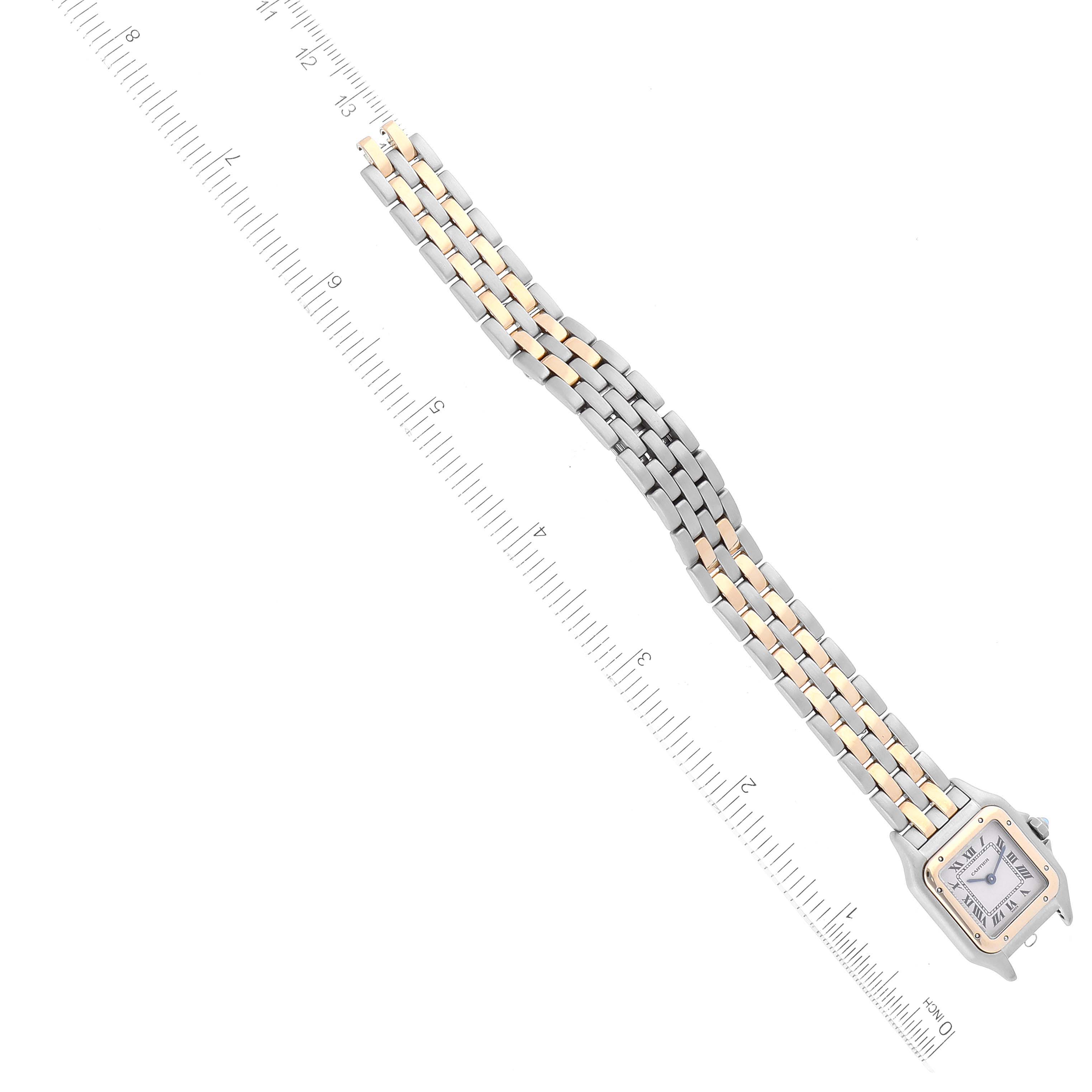 The image shows a top view of the Panthere model by Cartier, displaying the face and full bracelet alongside a ruler for scale.