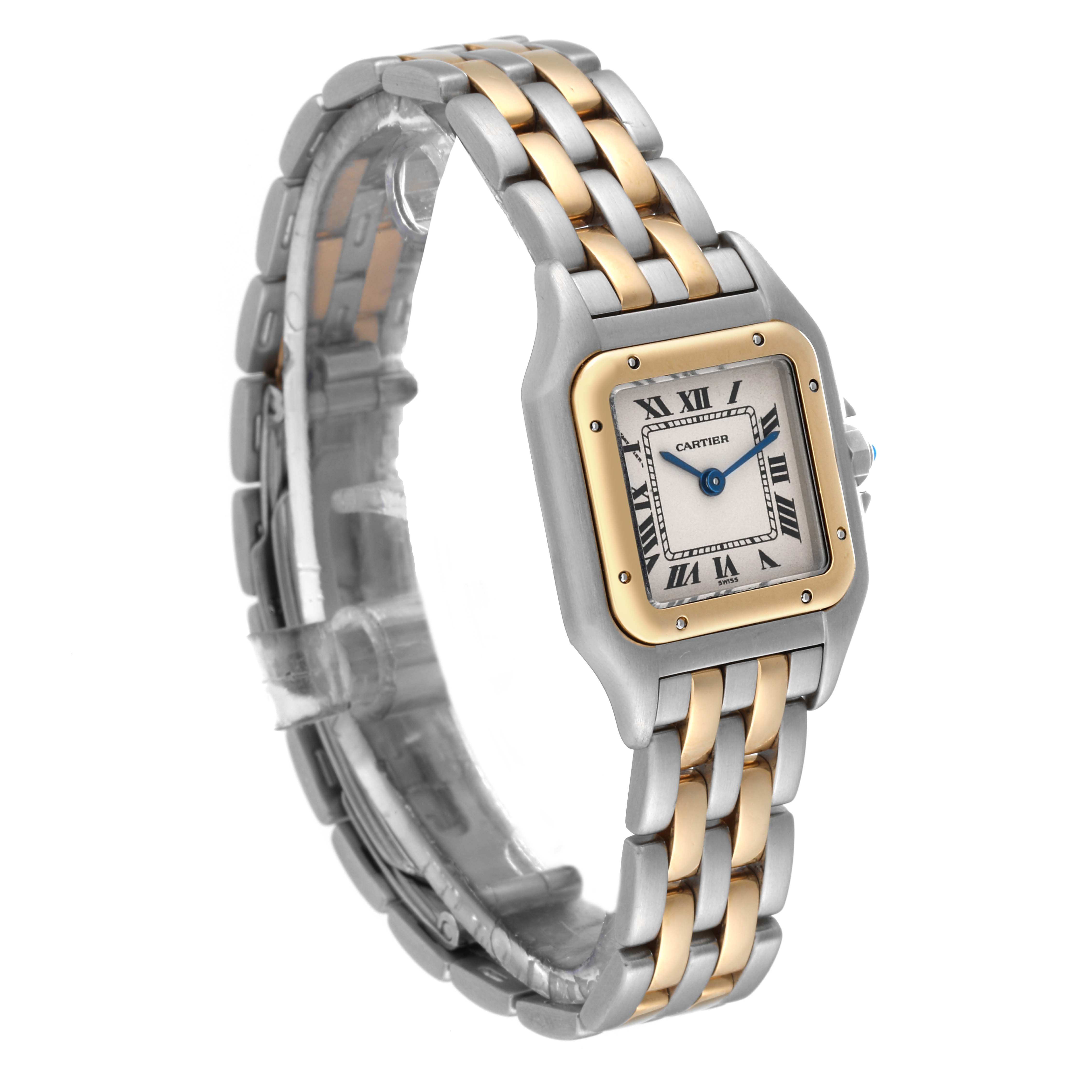 The image shows a Cartier Panthere W25029B6 Women's Steel and Gold (two tone) White Dial W25029B6 Women's Steel and Gold (two tone) White Dial model watch from a front-side angle, highlighting its two-tone bracelet and square face.