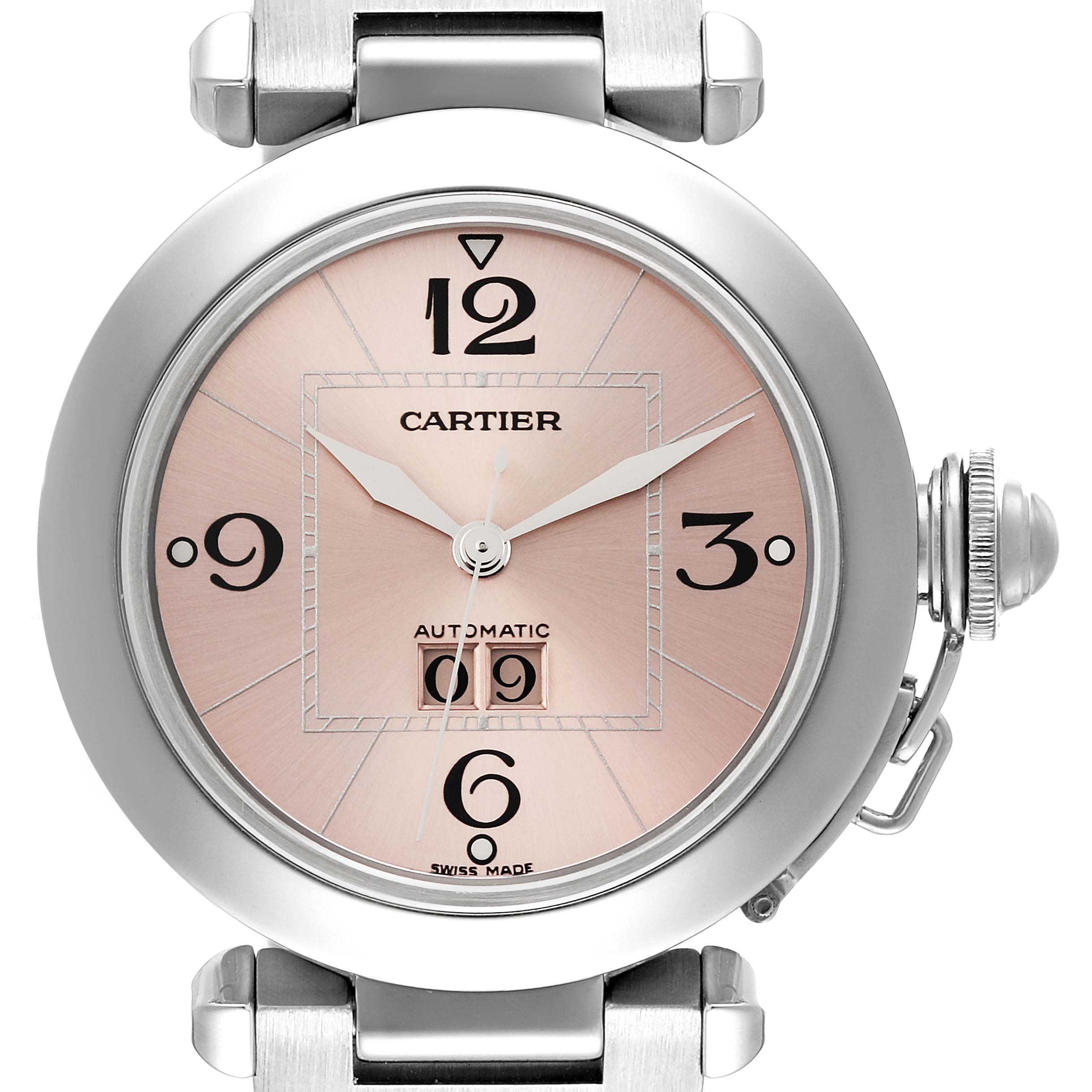 The image shows a front view of the Cartier Pasha W31058M7 Women's Stainless Steel Pink Dial W31058M7 Women's Stainless Steel Pink Dial watch, highlighting its dial, hands, and crown assembly.