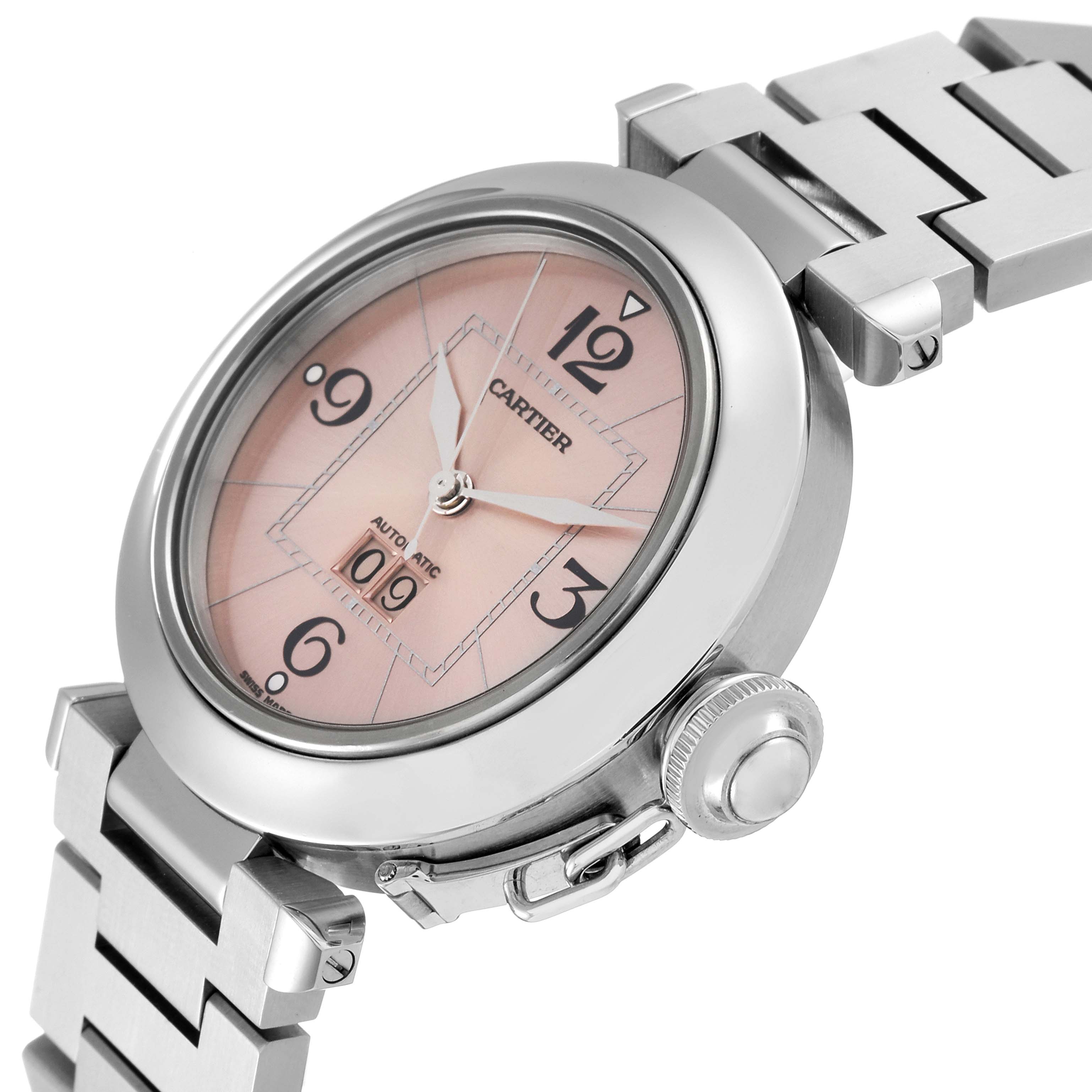 The image shows a Cartier Pasha W31058M7 Women's Stainless Steel Pink Dial W31058M7 Women's Stainless Steel Pink Dial watch at a slight angle, highlighting the dial, case, and part of the bracelet.