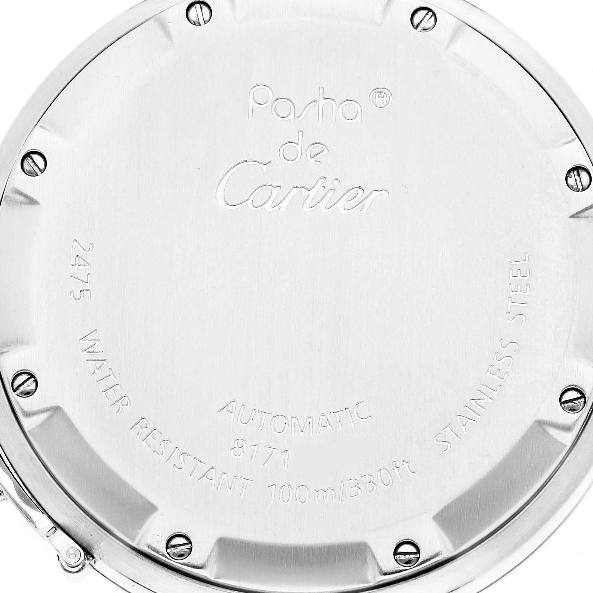 This image shows the back case of a Cartier Pasha W31058M7 Women's Stainless Steel Pink Dial W31058M7 Women's Stainless Steel Pink Dial watch, detailing its water resistance and automatic movement.