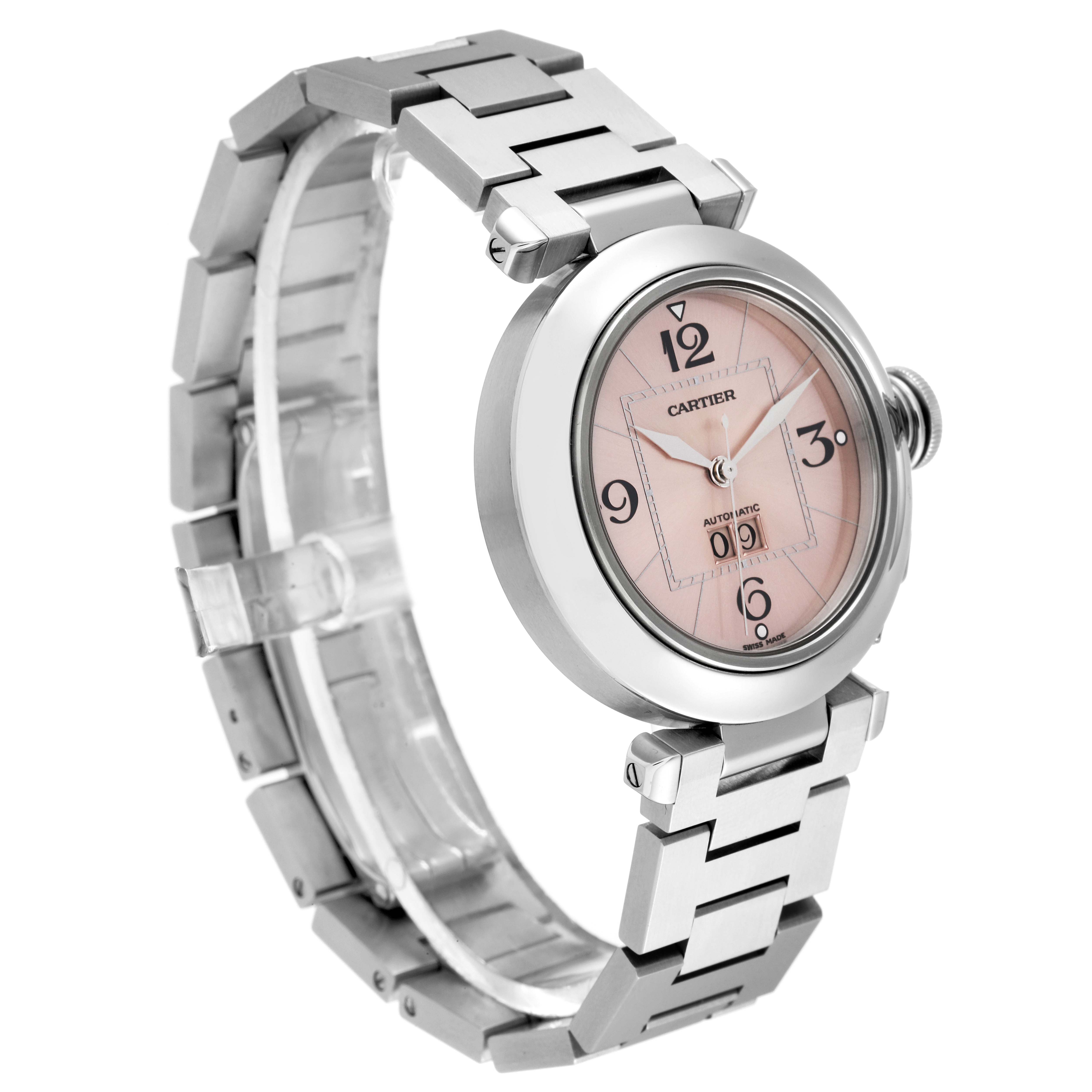 The image shows a Cartier Pasha W31058M7 Women's Stainless Steel Pink Dial W31058M7 Women's Stainless Steel Pink Dial watch at a three-quarter angle, highlighting its pink dial, stainless steel case, and bracelet.