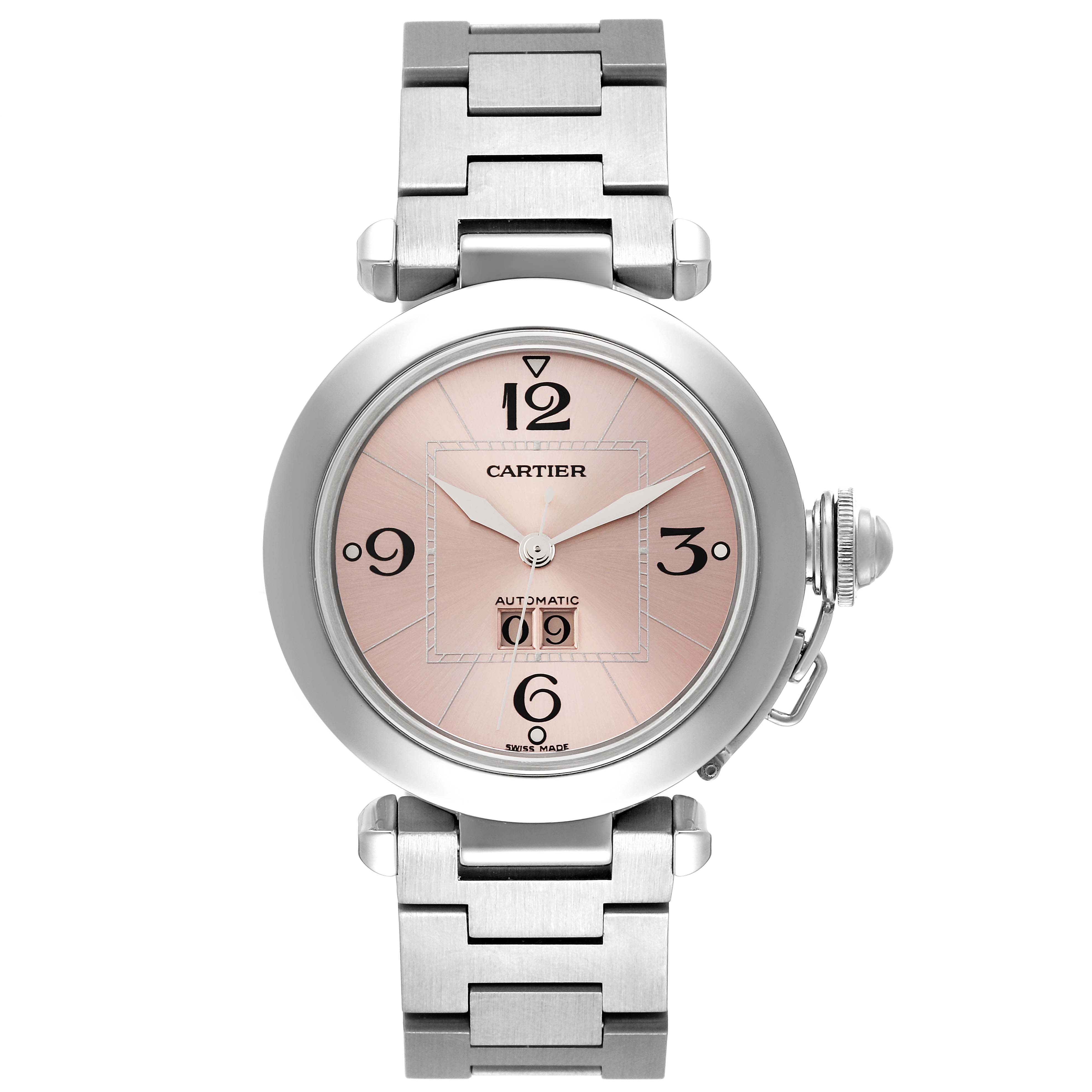 The image shows a Cartier Pasha W31058M7 Women's Stainless Steel Pink Dial W31058M7 Women's Stainless Steel Pink Dial watch from the front, displaying its pink dial, steel case, and metal bracelet.
