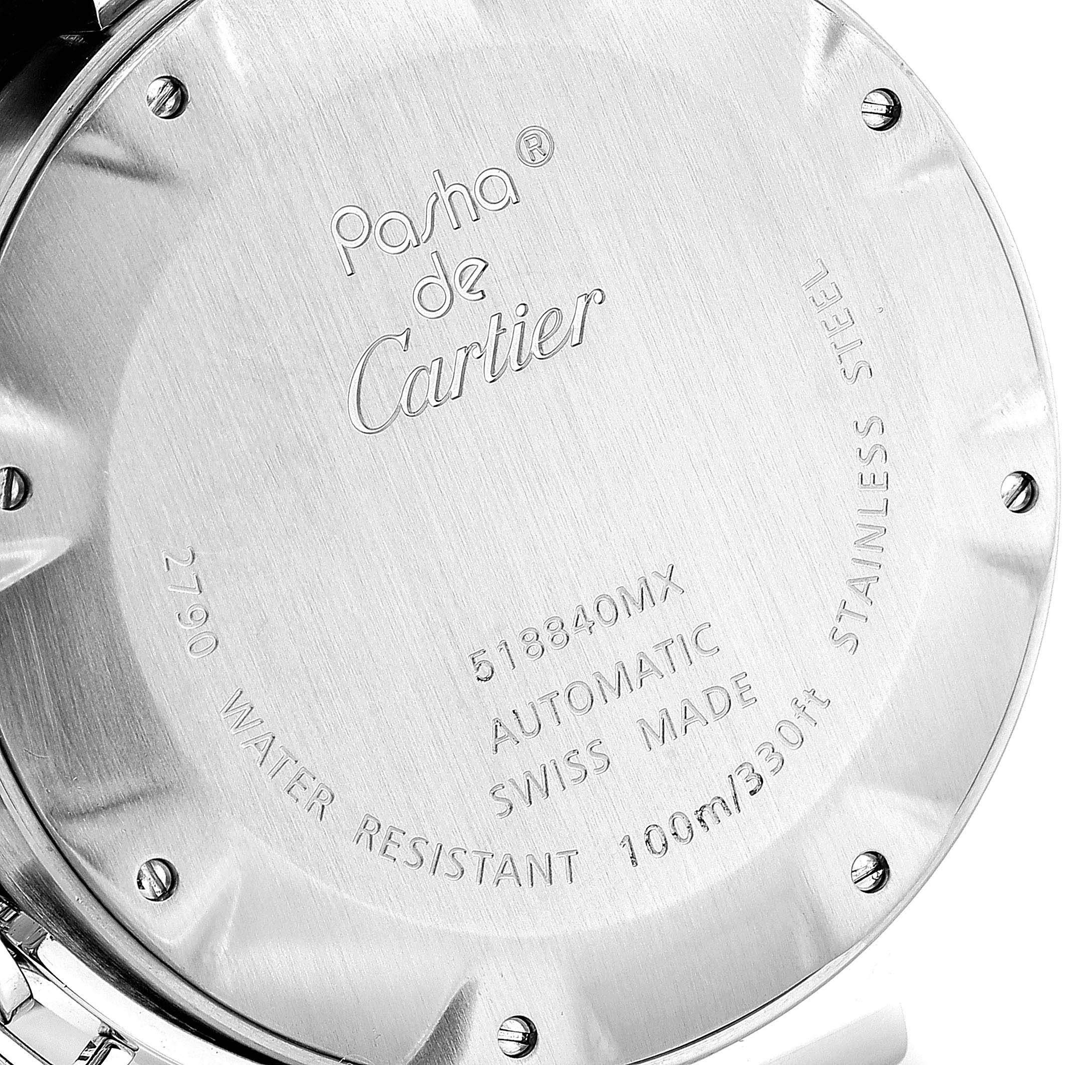 The image shows the back case of a Cartier Pasha W31088U2 Men's Stainless Steel Black Dial W31088U2 Men's Stainless Steel Black Dial watch.