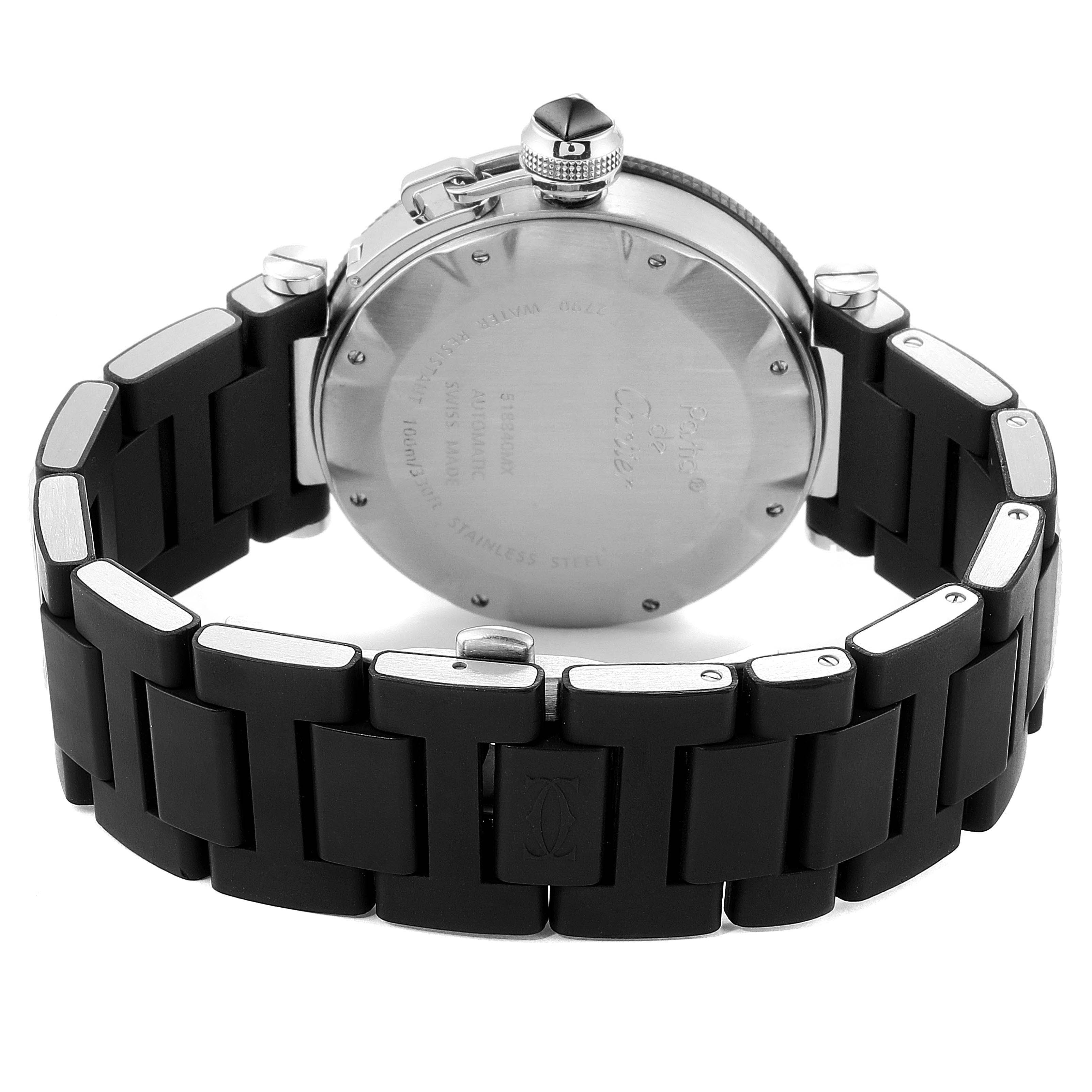 This image shows the back case and bracelet of a Cartier Pasha W31088U2 Men's Stainless Steel Black Dial W31088U2 Men's Stainless Steel Black Dial watch at a rear angle.