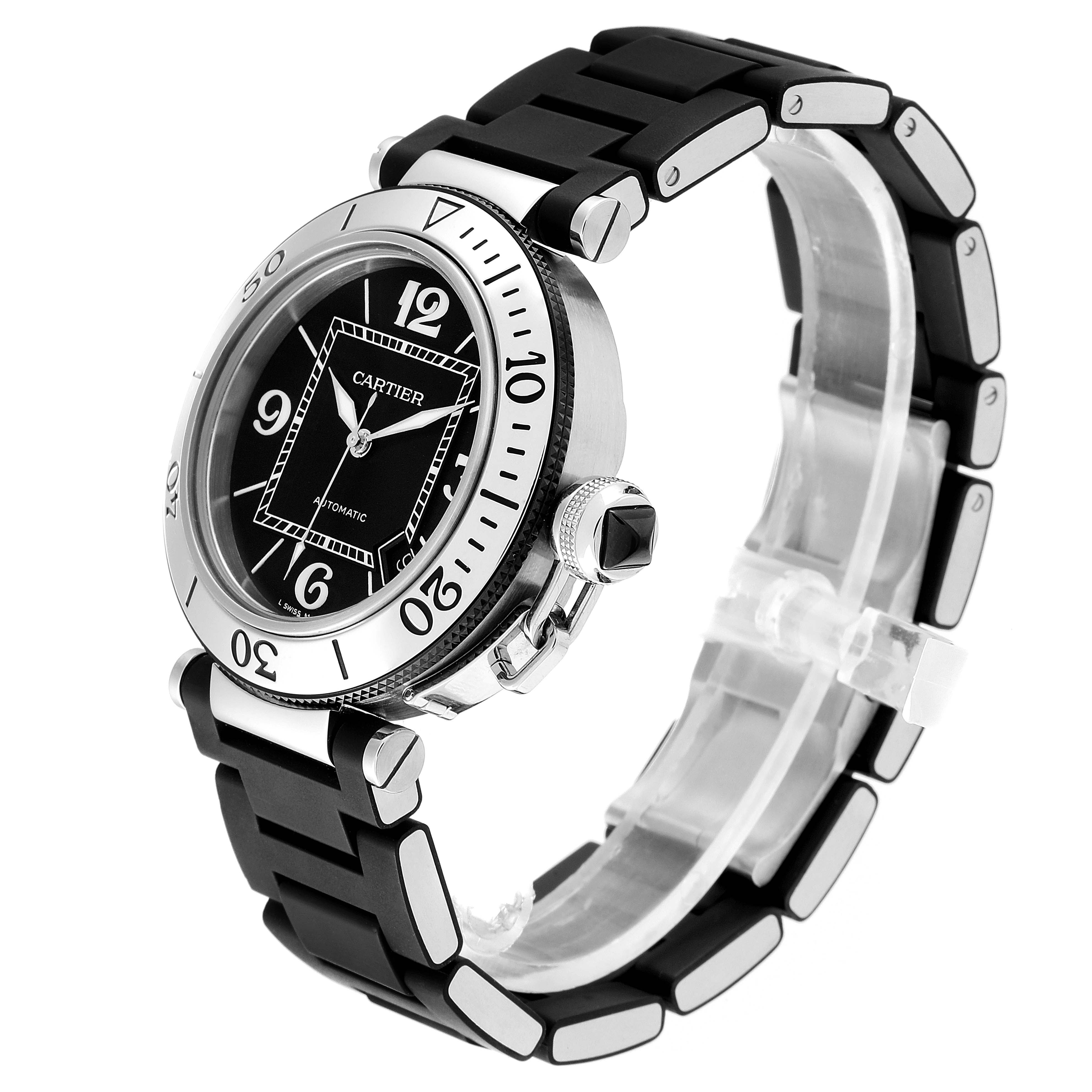 The image shows a Cartier Pasha W31088U2 Men's Stainless Steel Black Dial W31088U2 Men's Stainless Steel Black Dial watch at a 3/4 angle, displaying the face, band, and crown.