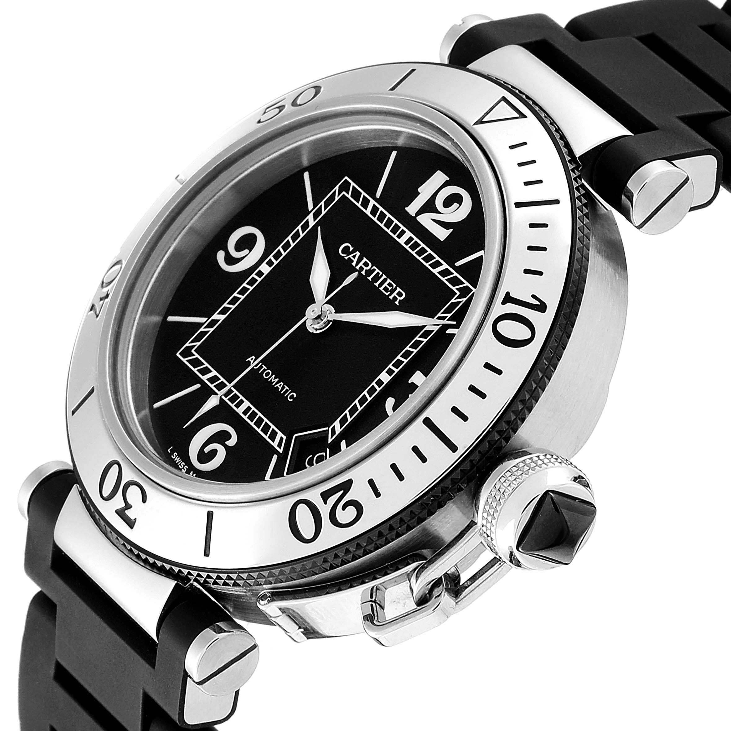 This image shows a side angle view of the Cartier Pasha W31088U2 Men's Stainless Steel Black Dial W31088U2 Men's Stainless Steel Black Dial watch, highlighting its bezel, dial, and crown with a black rubber strap.
