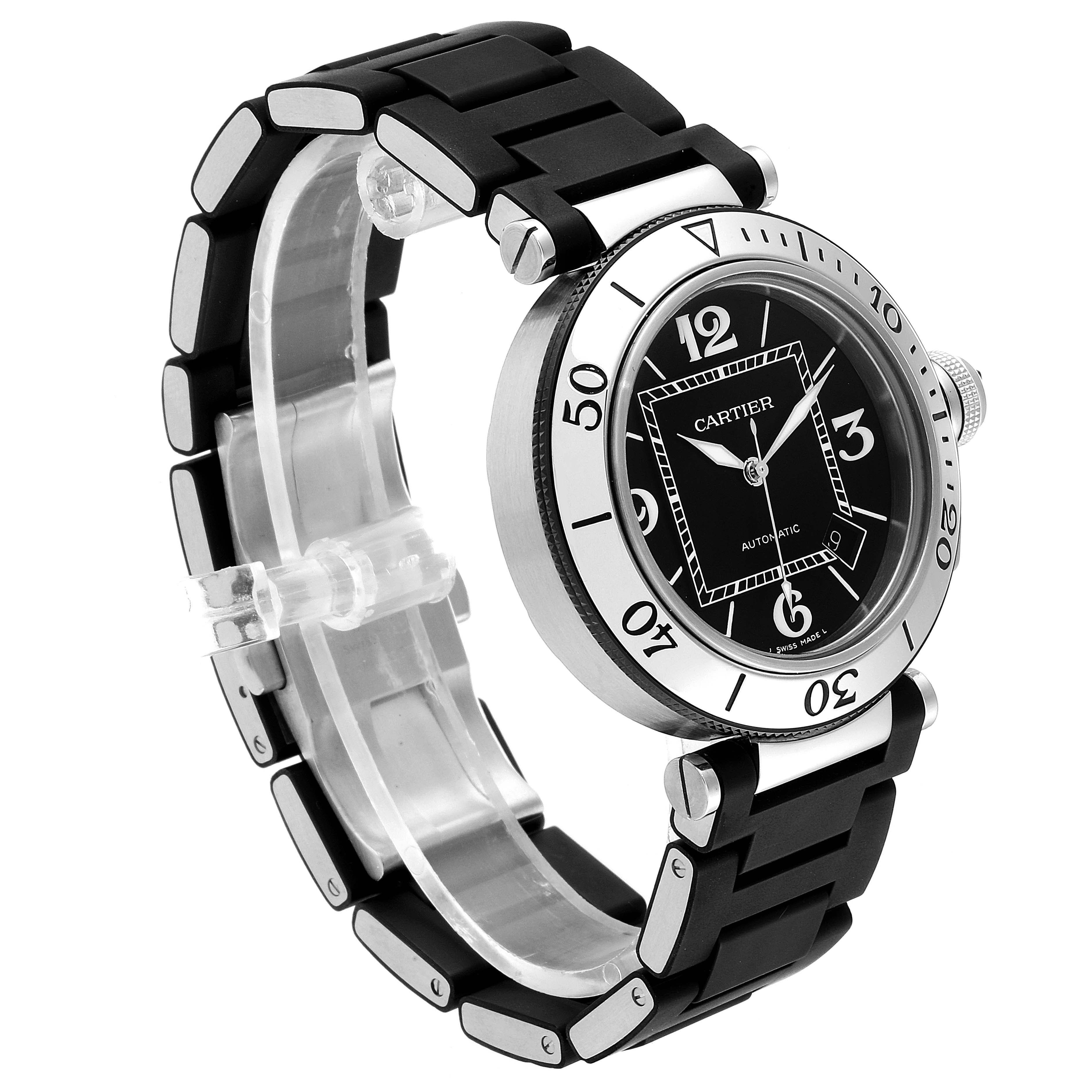 The Cartier Pasha W31088U2 Men's Stainless Steel Black Dial W31088U2 Men's Stainless Steel Black Dial watch is shown from an angled side view, highlighting its bezel, dial, and metal-linked rubber strap.