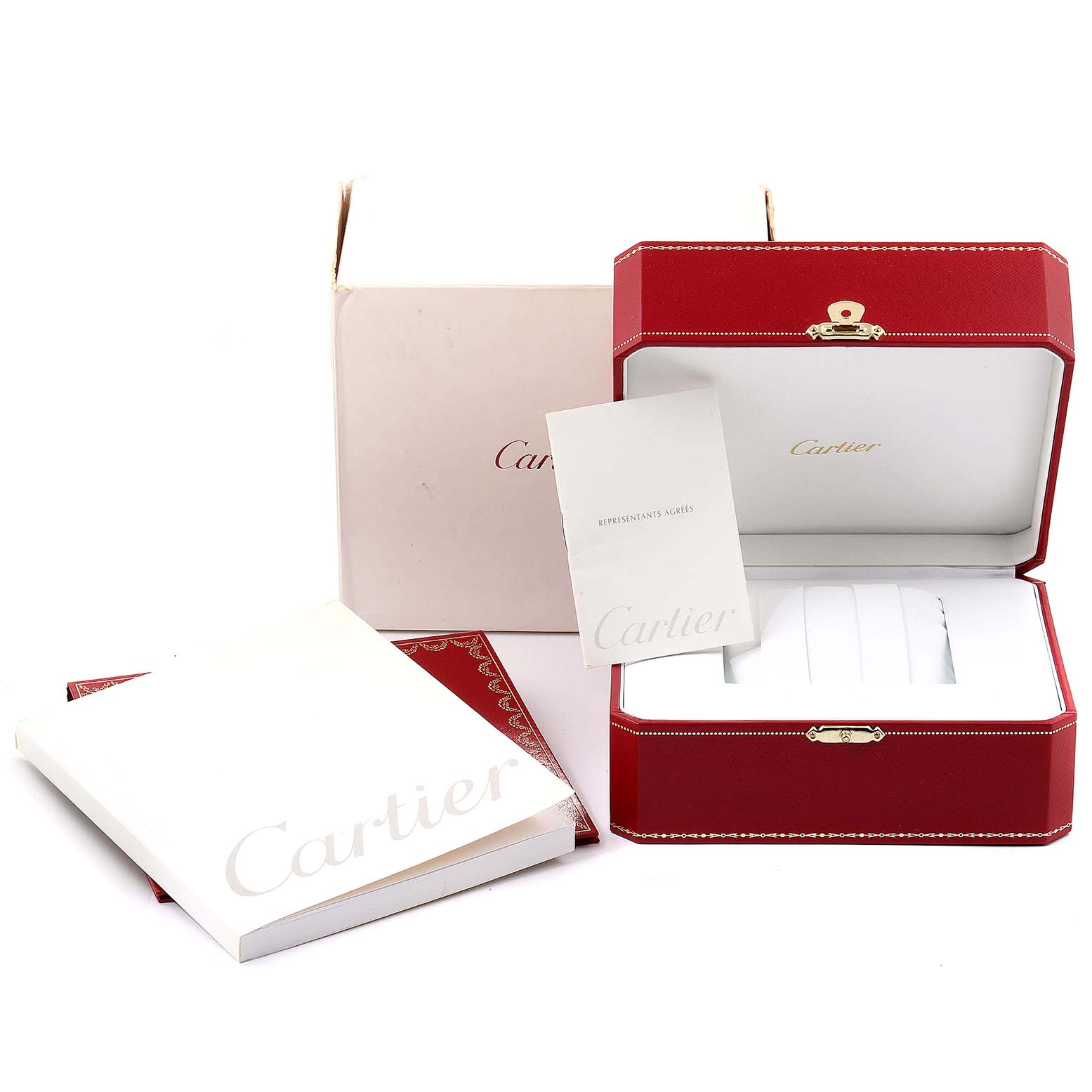 The image shows the open box, packaging, and instructional booklet for the Cartier Pasha W31088U2 Men's Stainless Steel Black Dial W31088U2 Men's Stainless Steel Black Dial watch.