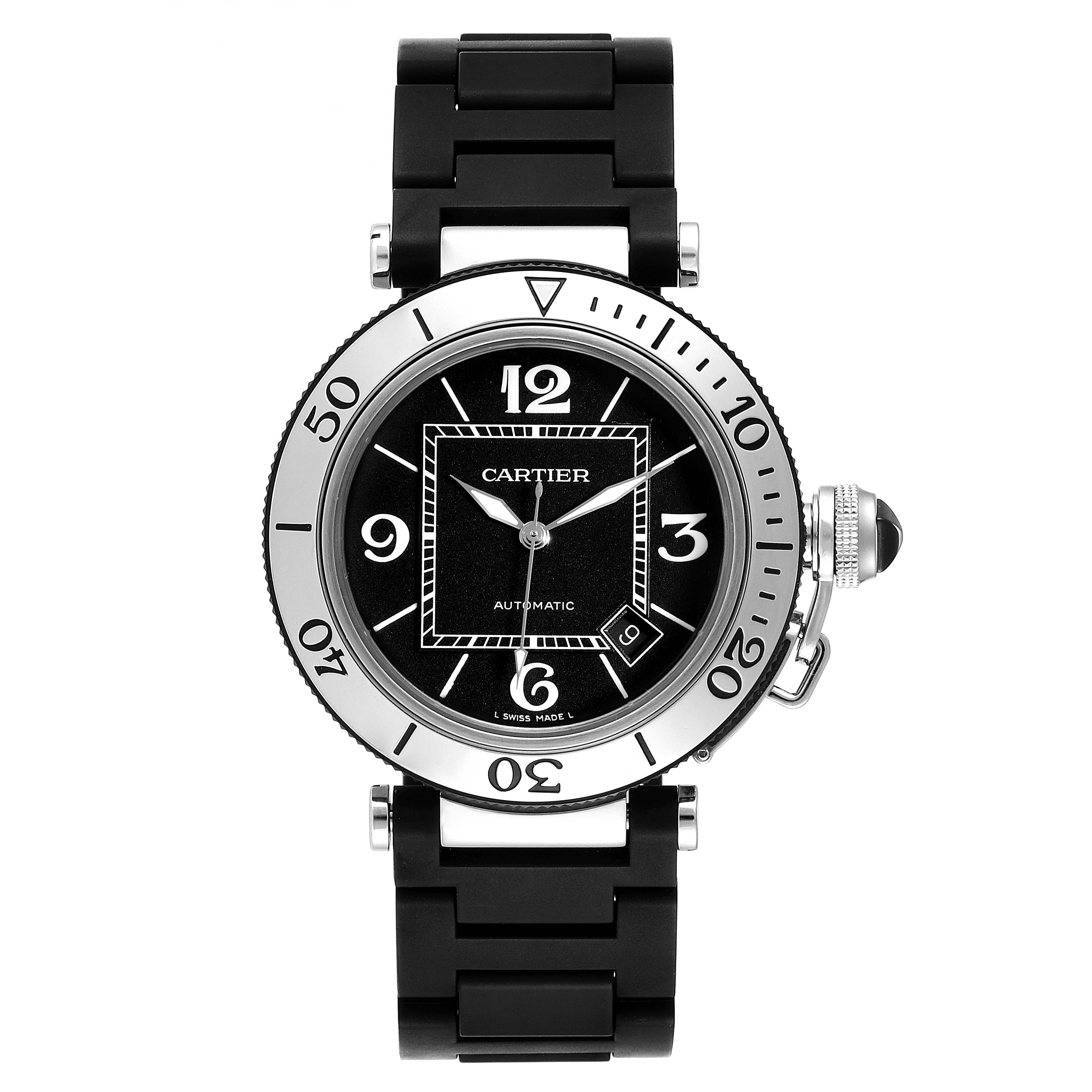 The image of the Pasha model by Cartier shows a front view of the watch featuring its dial and bracelet.