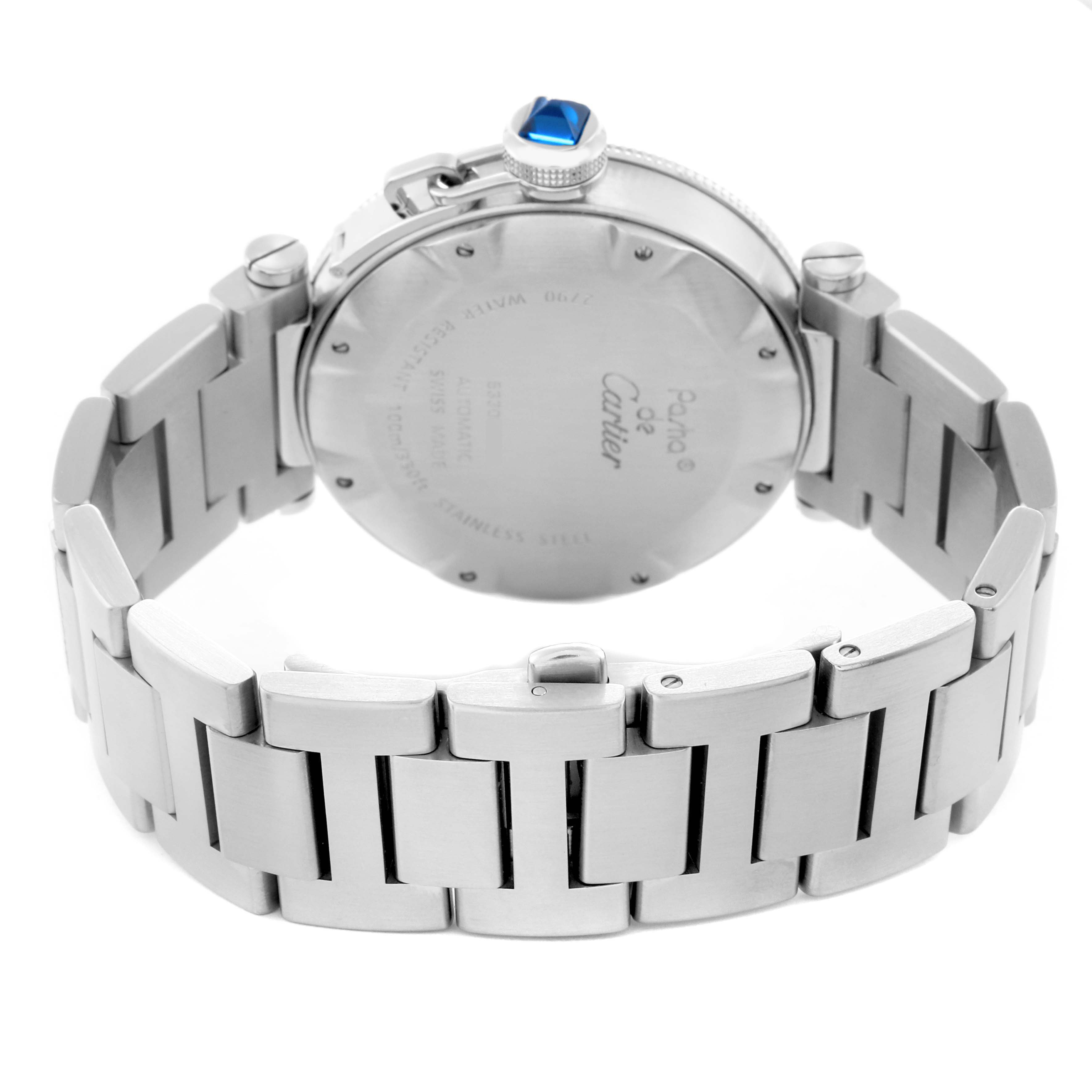 The image shows the back and bracelet of a Cartier Pasha W31080M7 Men
s Stainless Steel Silver Dial W31080M7 Men
s Stainless Steel Silver Dial watch at an angle highlighting the clasp and crown with a blue gem.