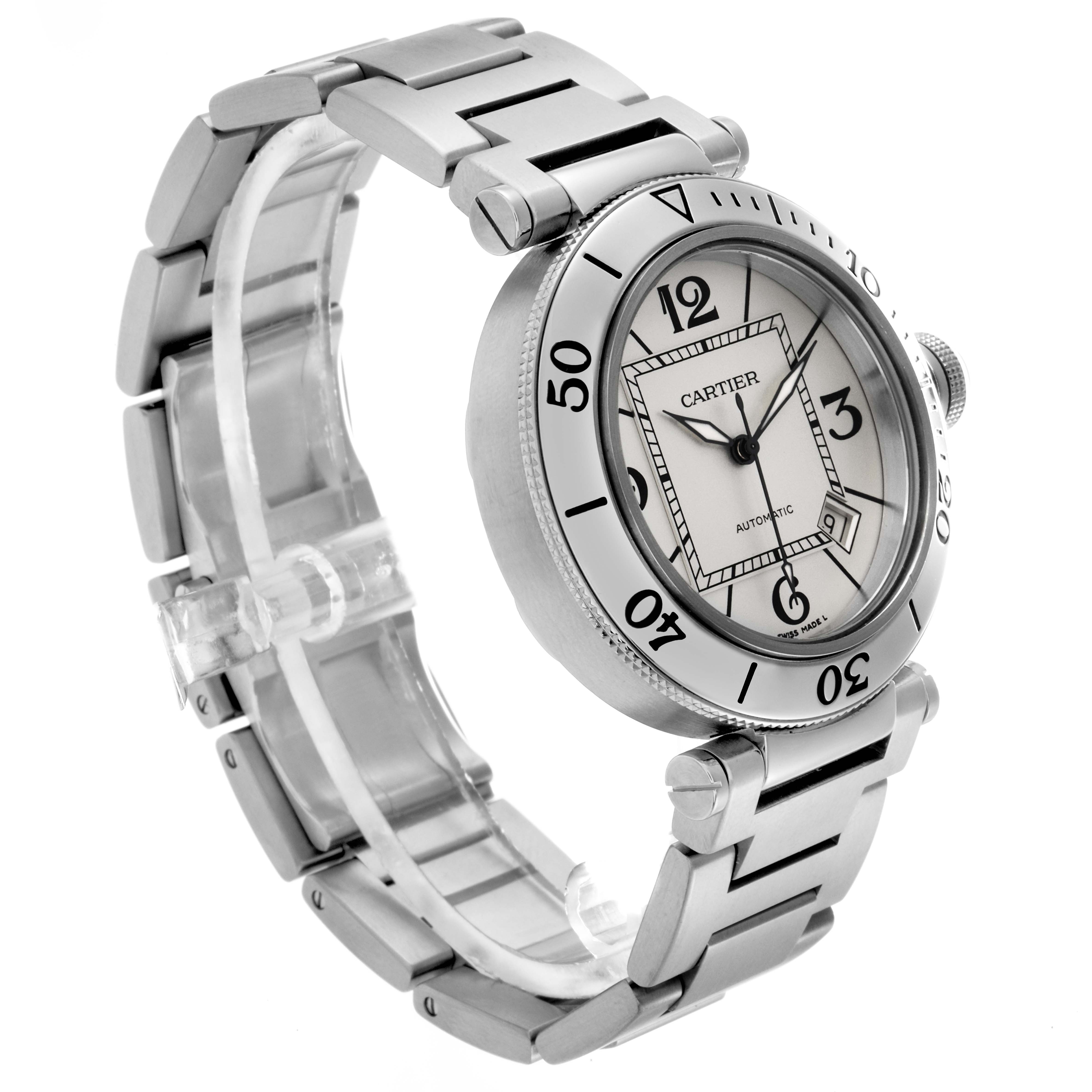 The Cartier Pasha W31080M7 Men
s Stainless Steel Silver Dial W31080M7 Men
s Stainless Steel Silver Dial watch is shown at a three-quarter angle, displaying the face, bezel, crown, and bracelet.