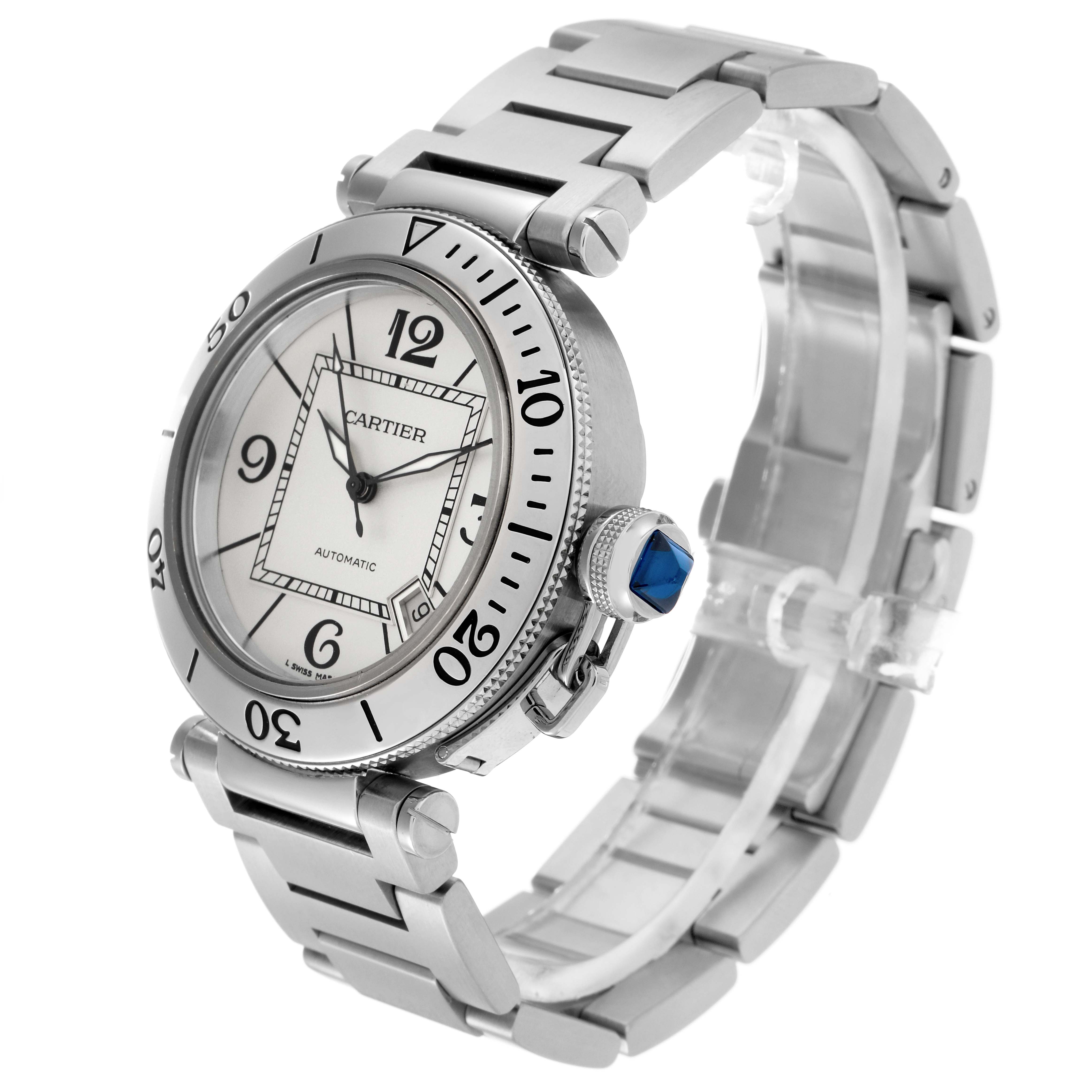 The Cartier Pasha W31080M7 Men
s Stainless Steel Silver Dial W31080M7 Men
s Stainless Steel Silver Dial watch is shown at a slight angle, highlighting the face, bezel, crown, and part of the bracelet.