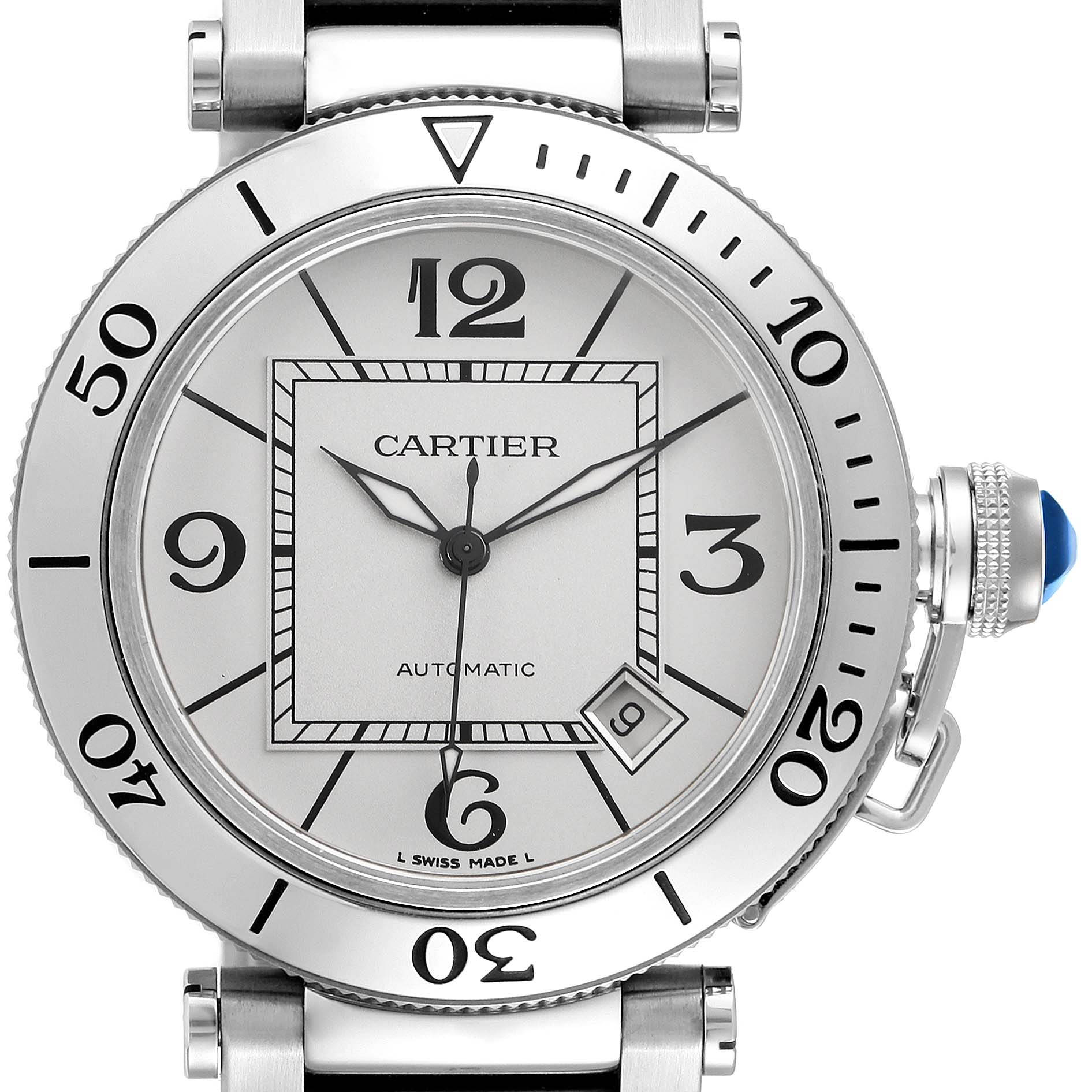 The Cartier Pasha W31080M7 Men
s Stainless Steel Silver Dial W31080M7 Men
s Stainless Steel Silver Dial watch is shown from a front angle, highlighting the face, bezel, crown, and lugs.