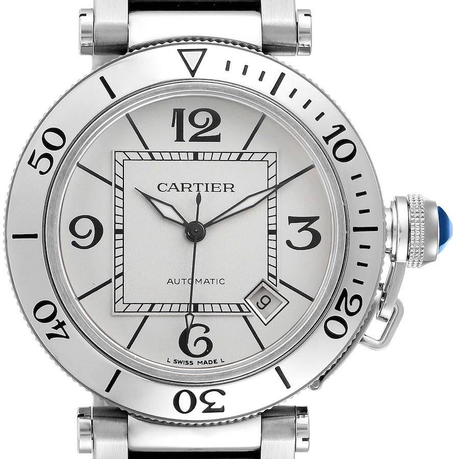 The Cartier Pasha watch is shown from a front angle, highlighting the face, bezel, crown, and lugs.