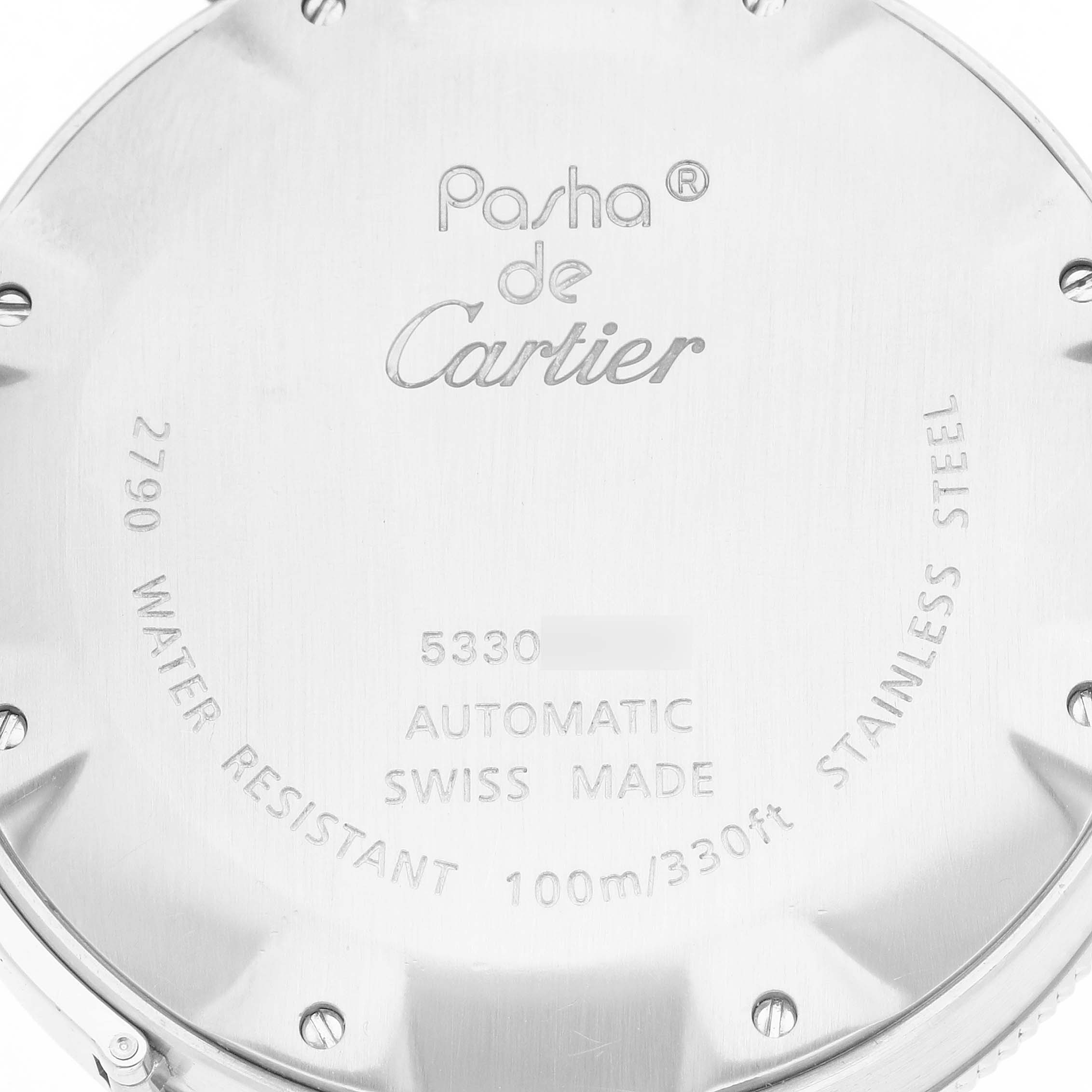 The image shows the back casing of a Cartier Pasha W31080M7 Men
s Stainless Steel Silver Dial W31080M7 Men
s Stainless Steel Silver Dial watch, highlighting engravings and specifications.