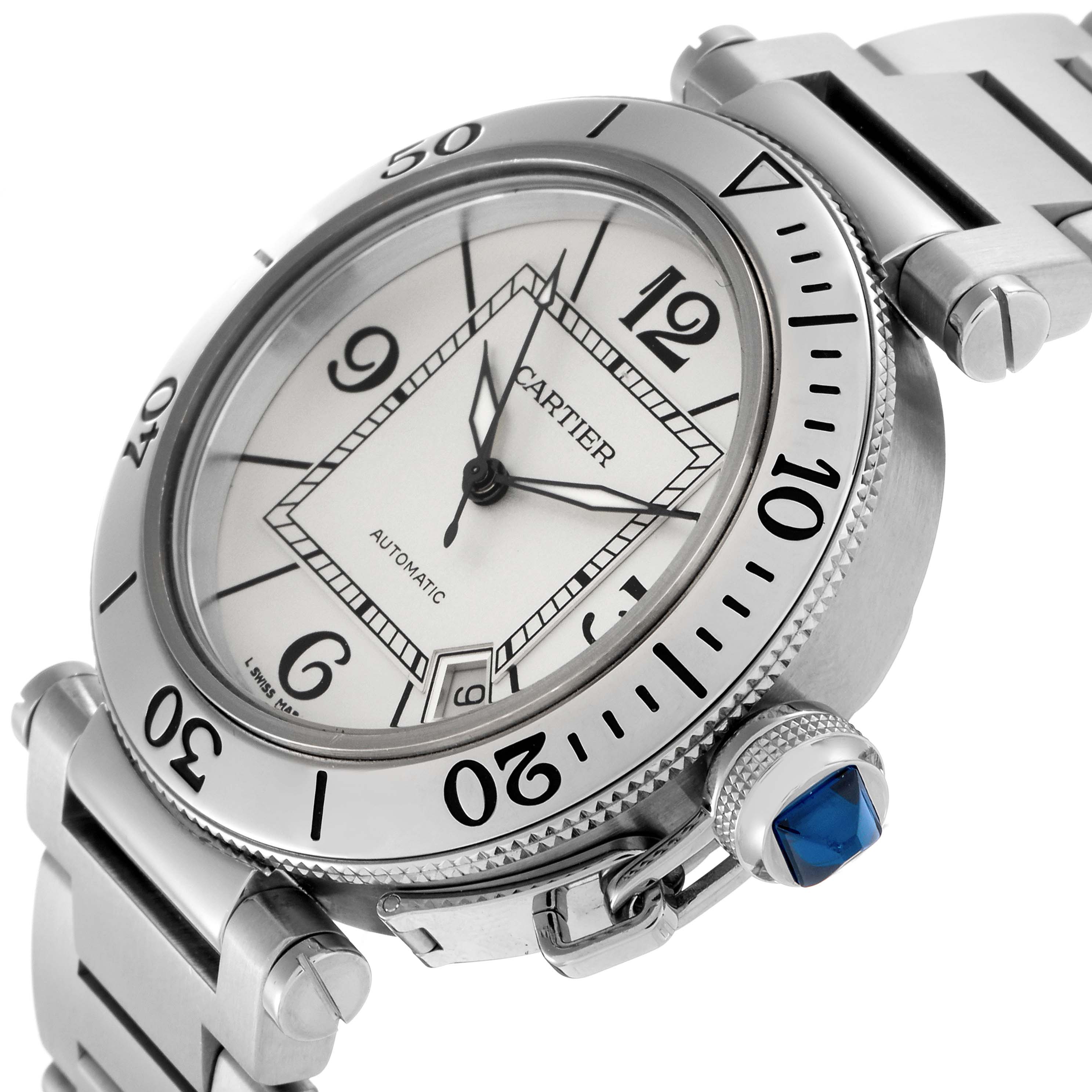 The Cartier Pasha W31080M7 Men
s Stainless Steel Silver Dial W31080M7 Men
s Stainless Steel Silver Dial watch is shown from a side angle, highlighting its bezel, crown with blue cabochon, and metal bracelet.